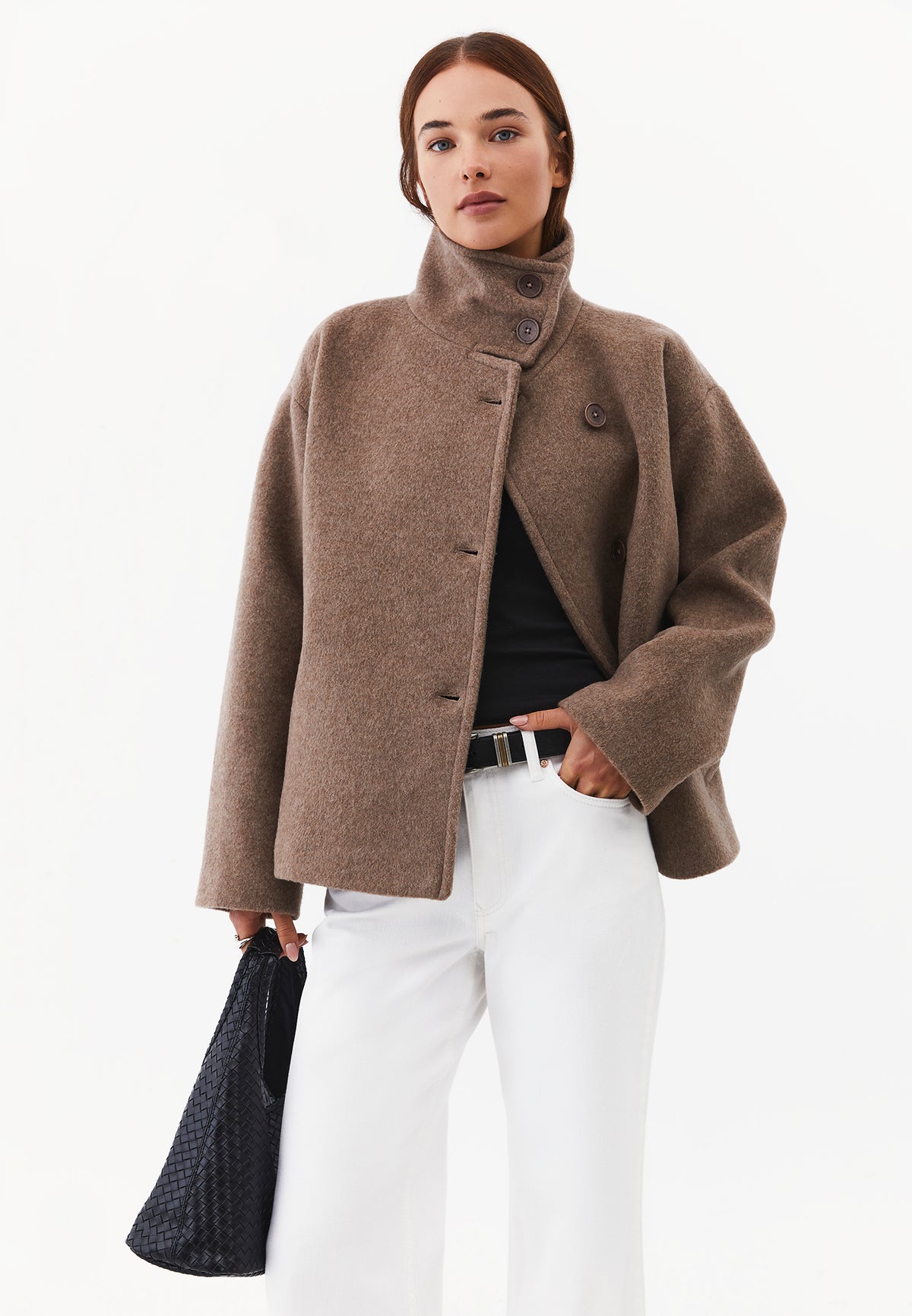 Oversize Coat With High Collar And Button Details - ROASTED CASHEW