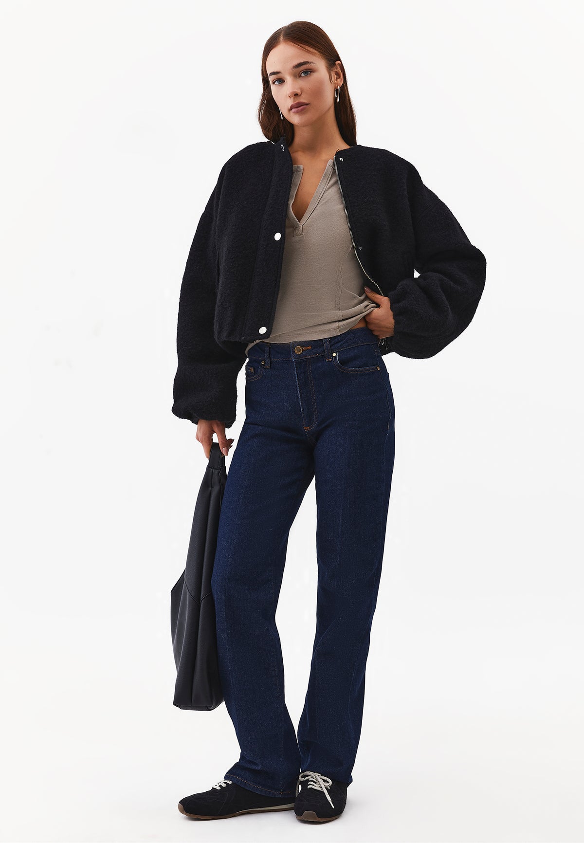 V-Neck Cut-Out Long Sleeve T-Shirt - ROASTED CASHEW