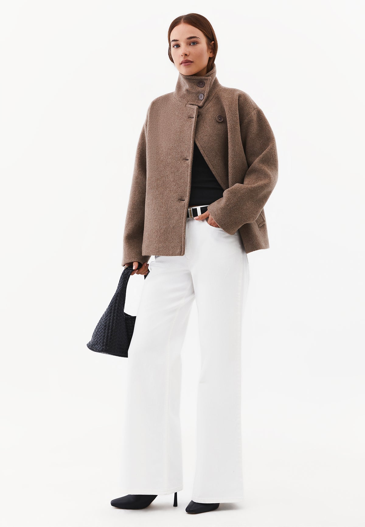Oversize Coat With High Collar And Button Details - ROASTED CASHEW