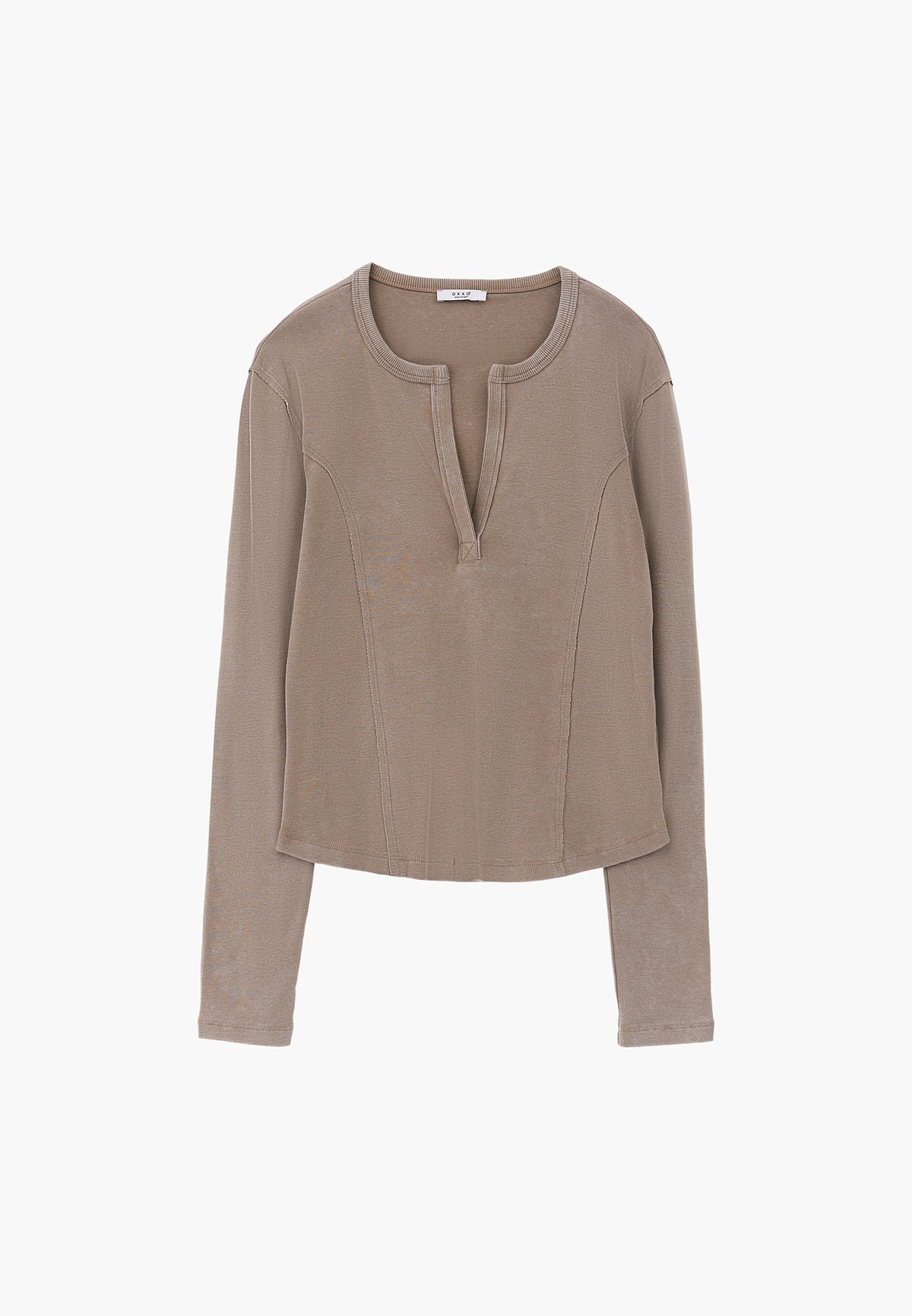 V-Neck Cut-Out Long Sleeve T-Shirt - ROASTED CASHEW