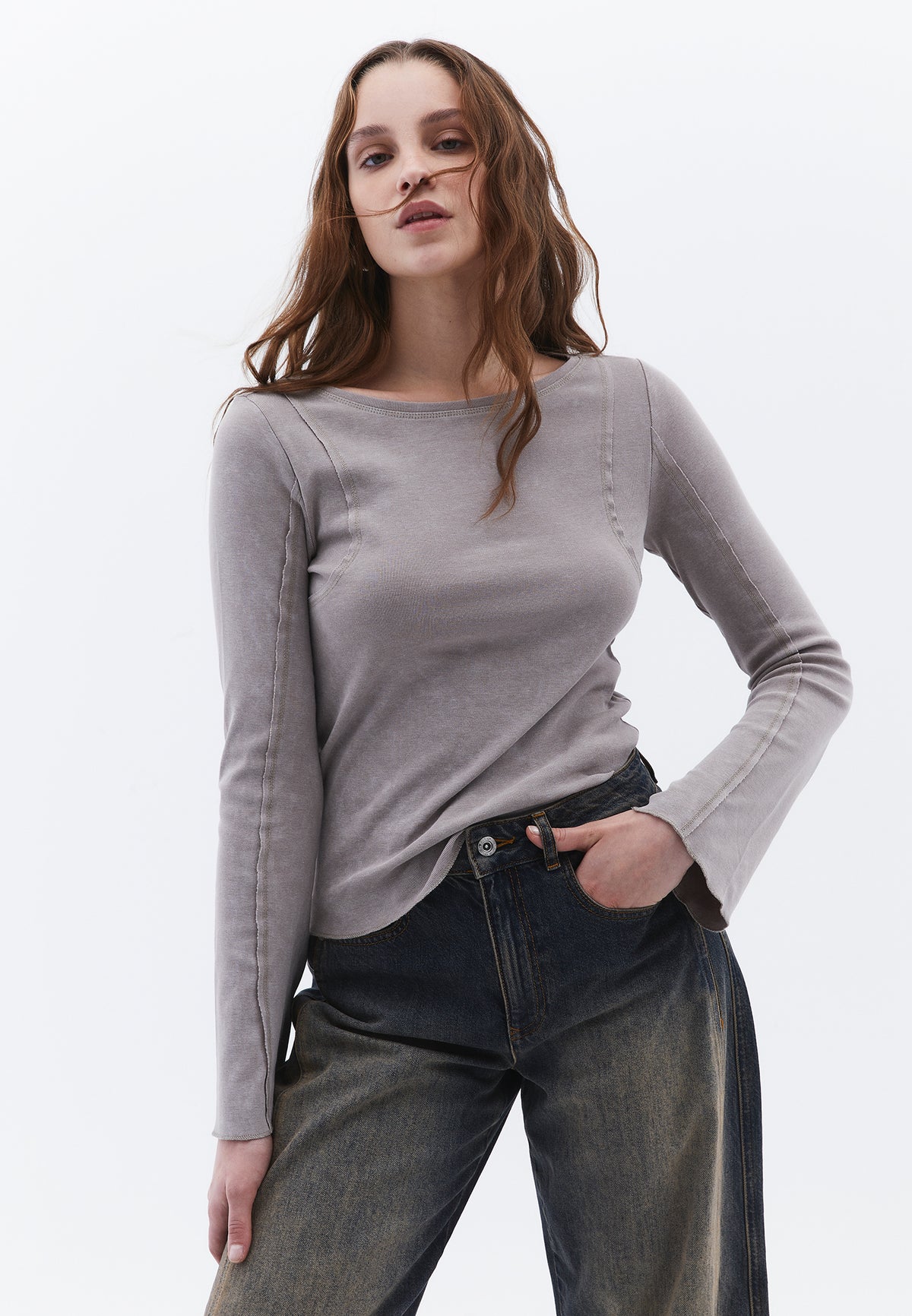 Boat Neck Long Sleeve Flare Sleeve Tee - ROCK RIDGE