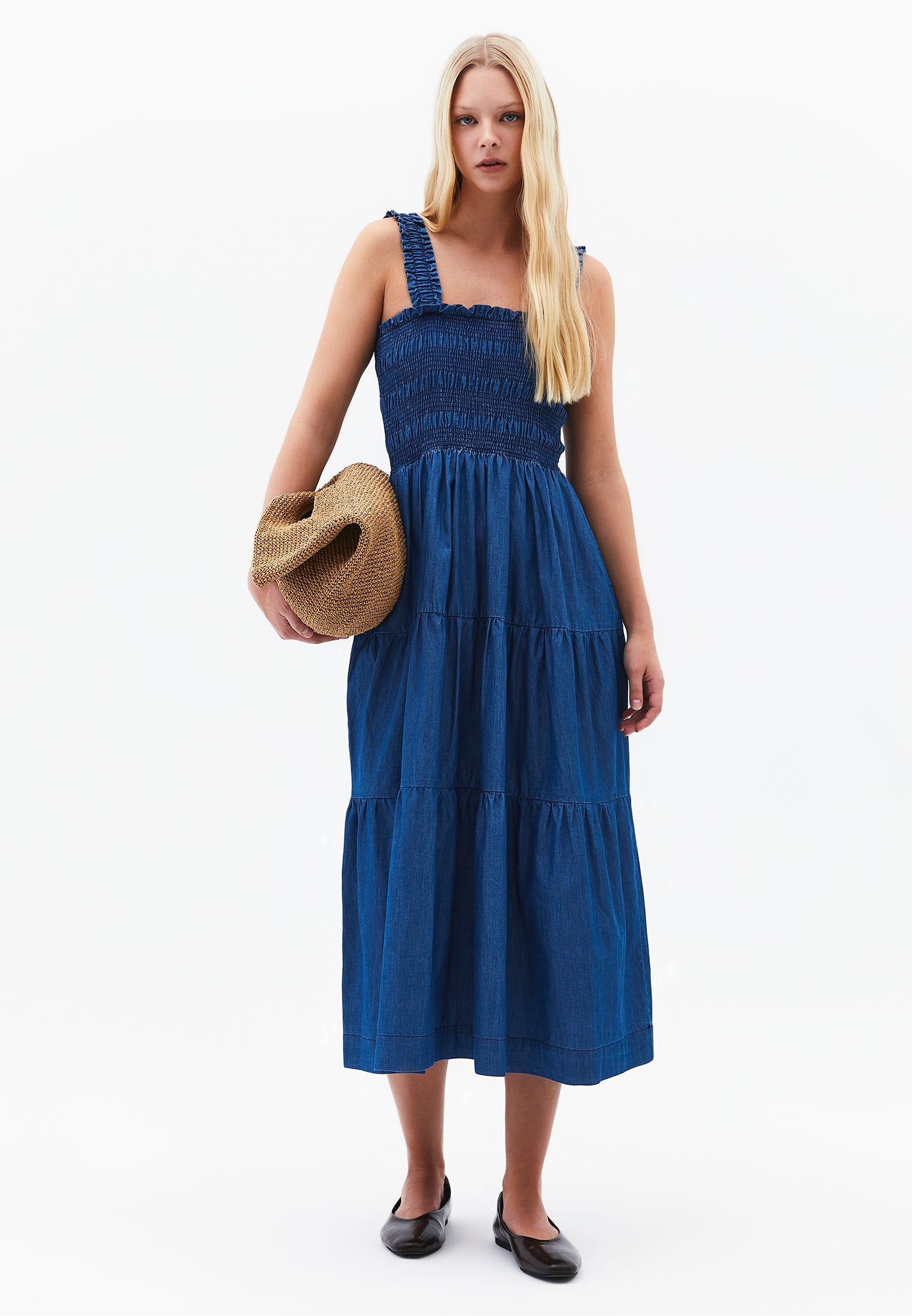 Square Neck Long Smocked Dress - RODEO BLUE DENIM