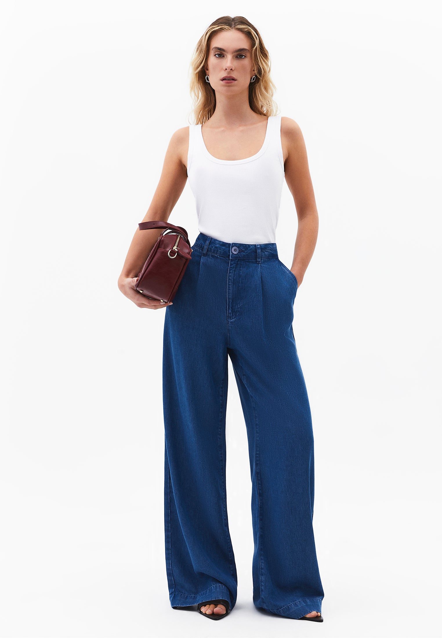 Pleated Wide Leg Pants - RODEO BLUE DENIM