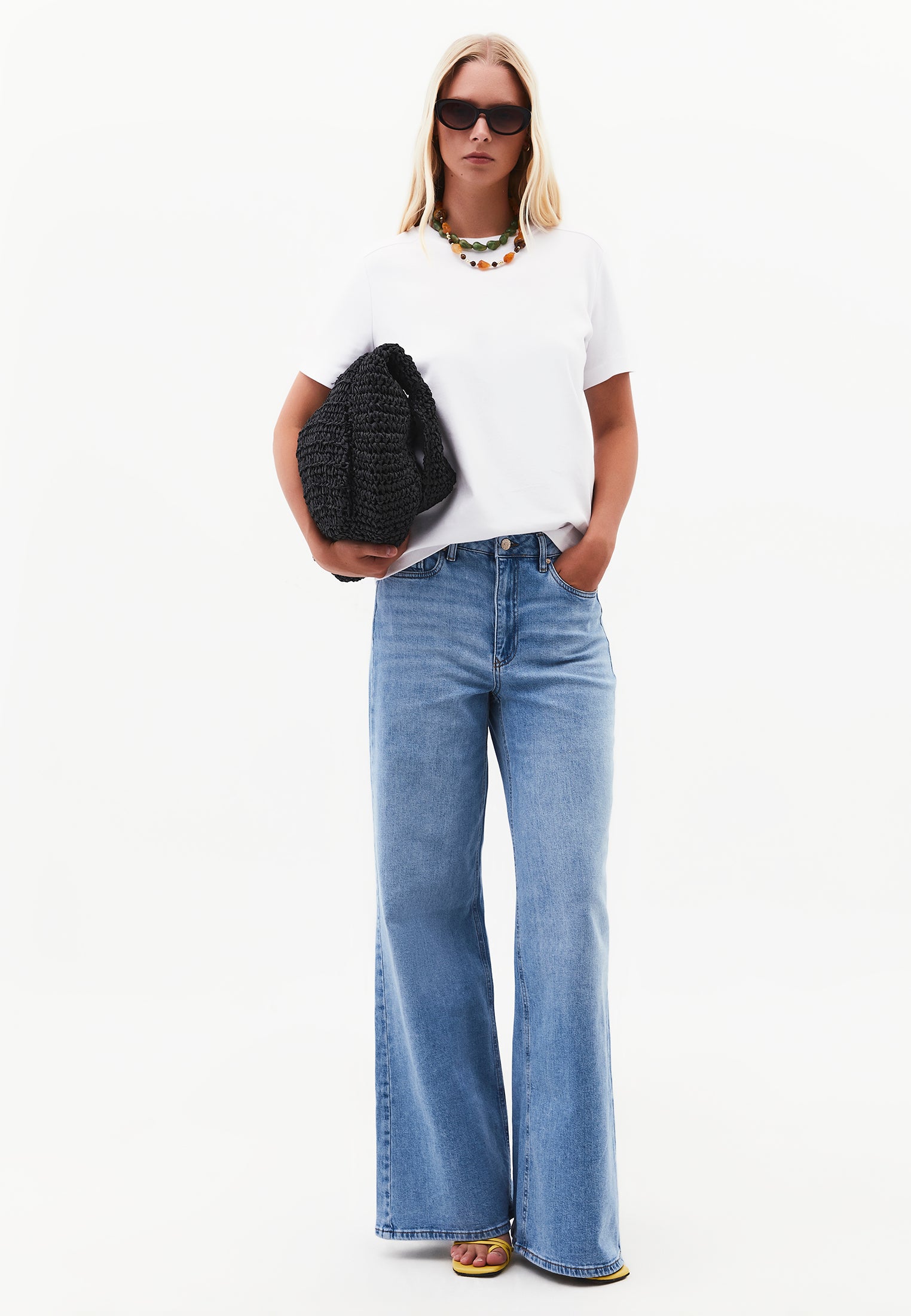 Wide Leg High Waist Five Pocket Denim Pants - RODEO BLUE DENIM