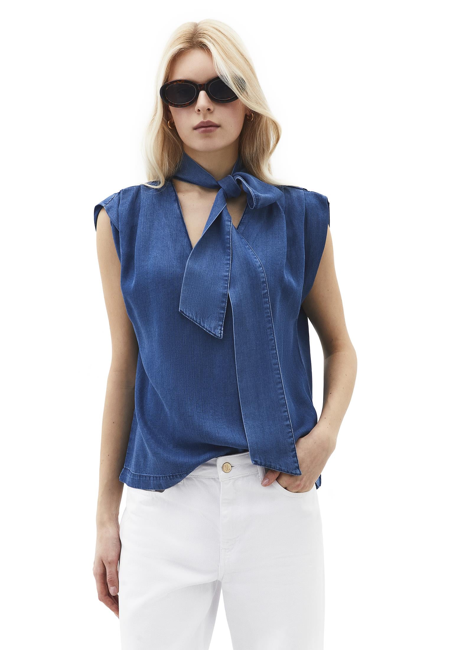 Sleeveless Blouse With Bow Detail - RODEO BLUE DENIM