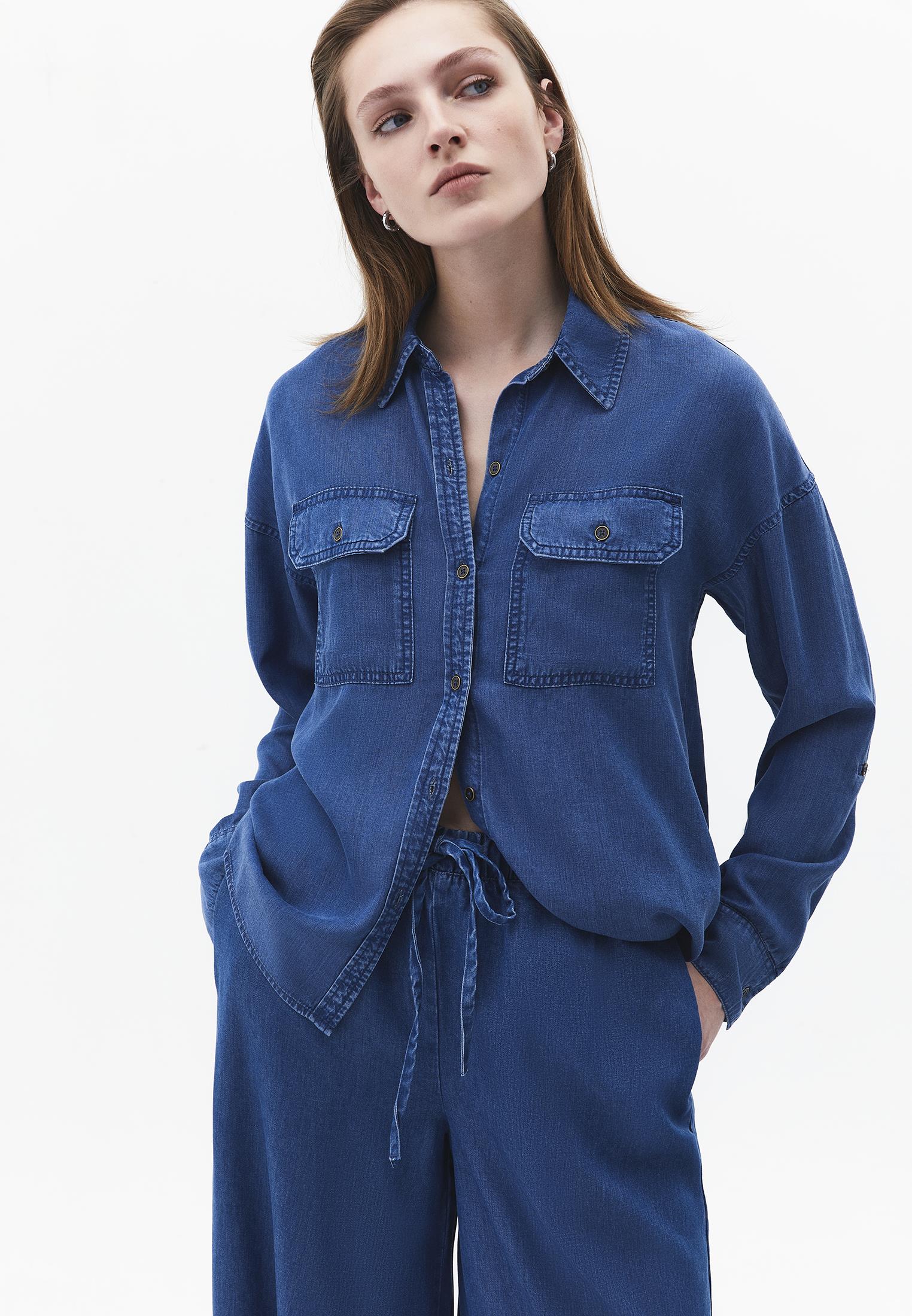 Shirt Collar Long Sleeve Shirt - RODEO BLUE DENIM