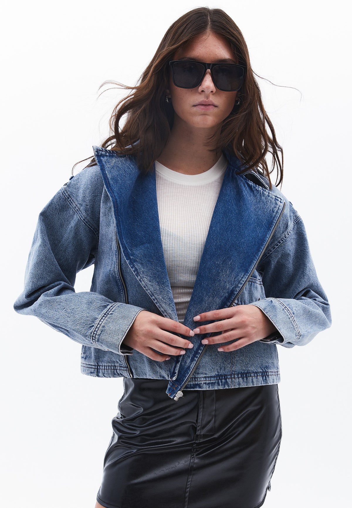 Zipper Detailed Cropped Loose Jacket - RODEO BLUE DENIM