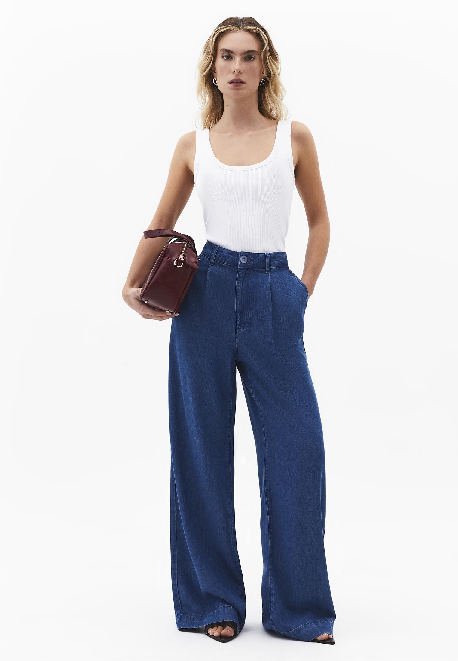 Pleated Wide Leg Pants - RODEO BLUE DENIM