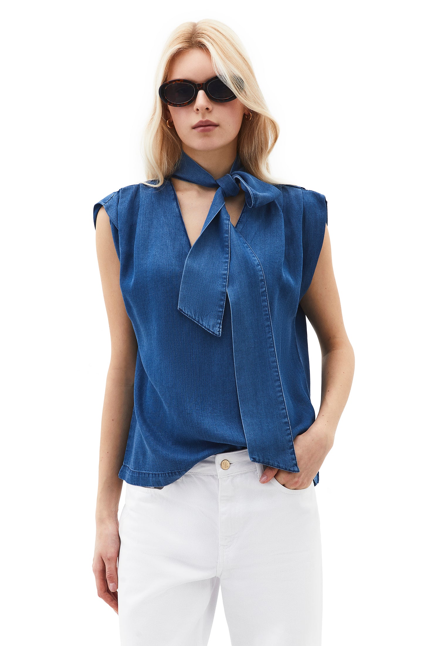 Sleeveless Blouse With Bow Detail - RODEO BLUE DENIM