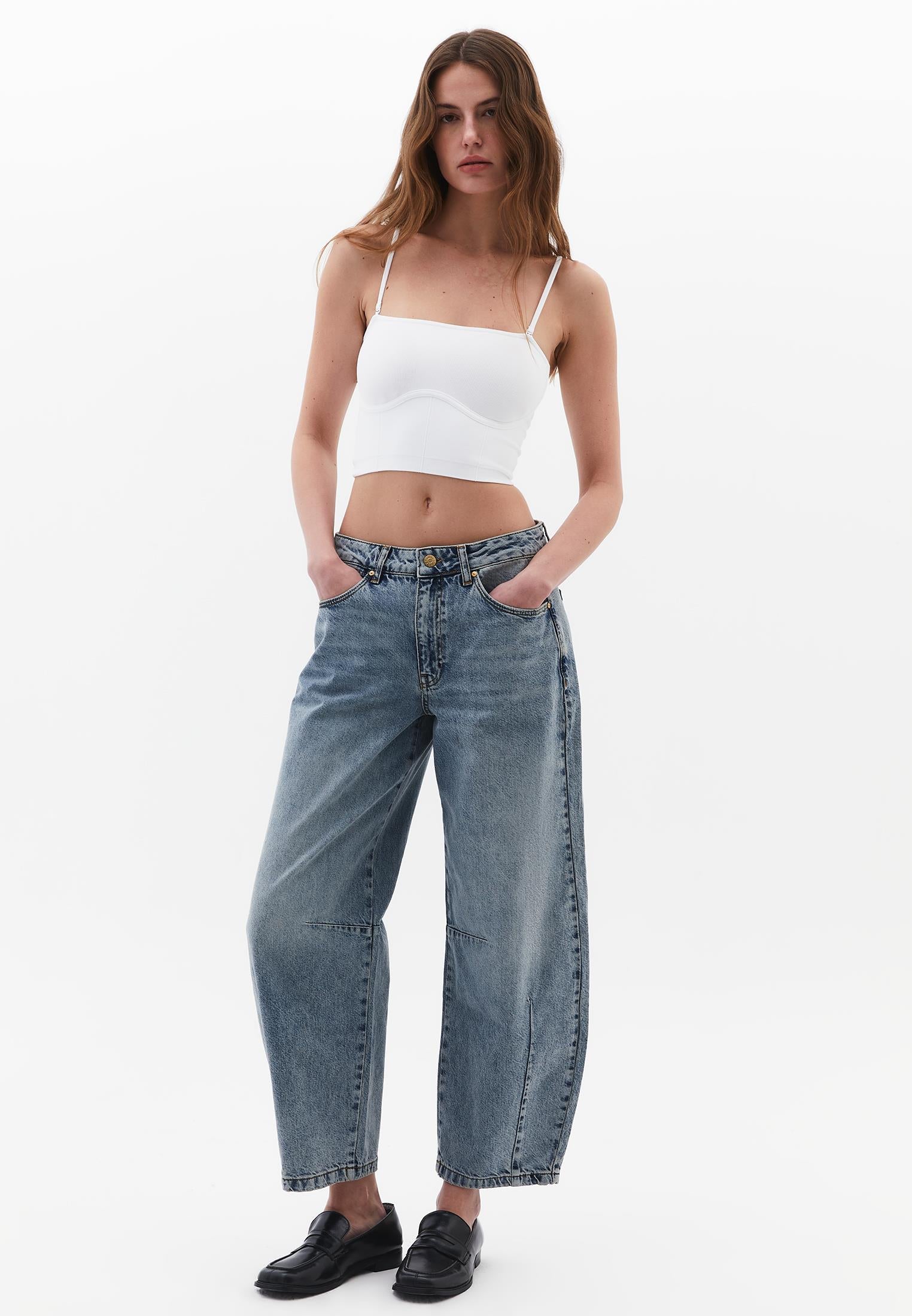 Barrel Leg Trousers With Cut Details - RODEO BLUE DENIM