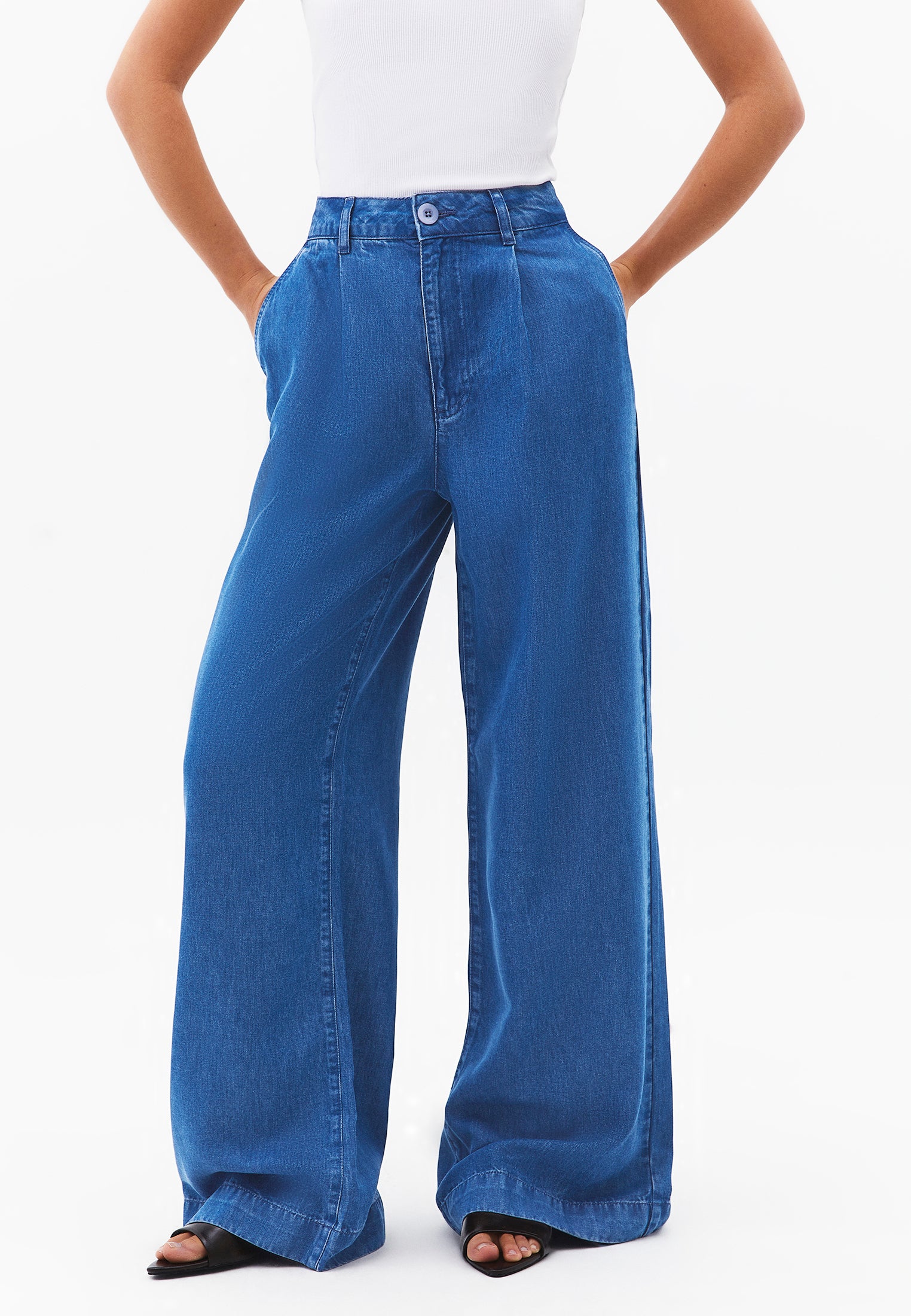 Wide Leg Regular Waist Pleated Trousers - RODEO BLUE DENIM