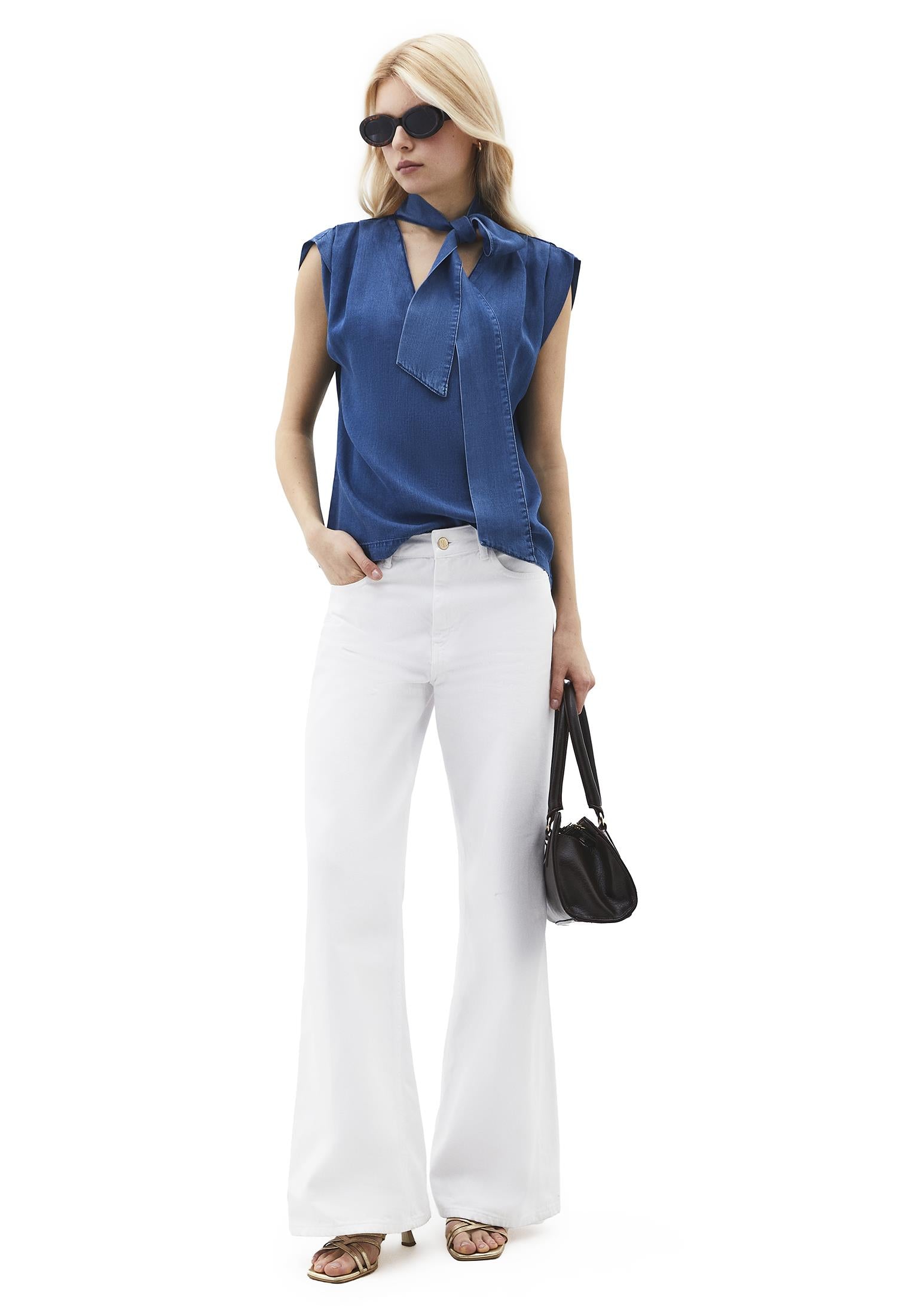 Sleeveless Blouse With Bow Detail - RODEO BLUE DENIM