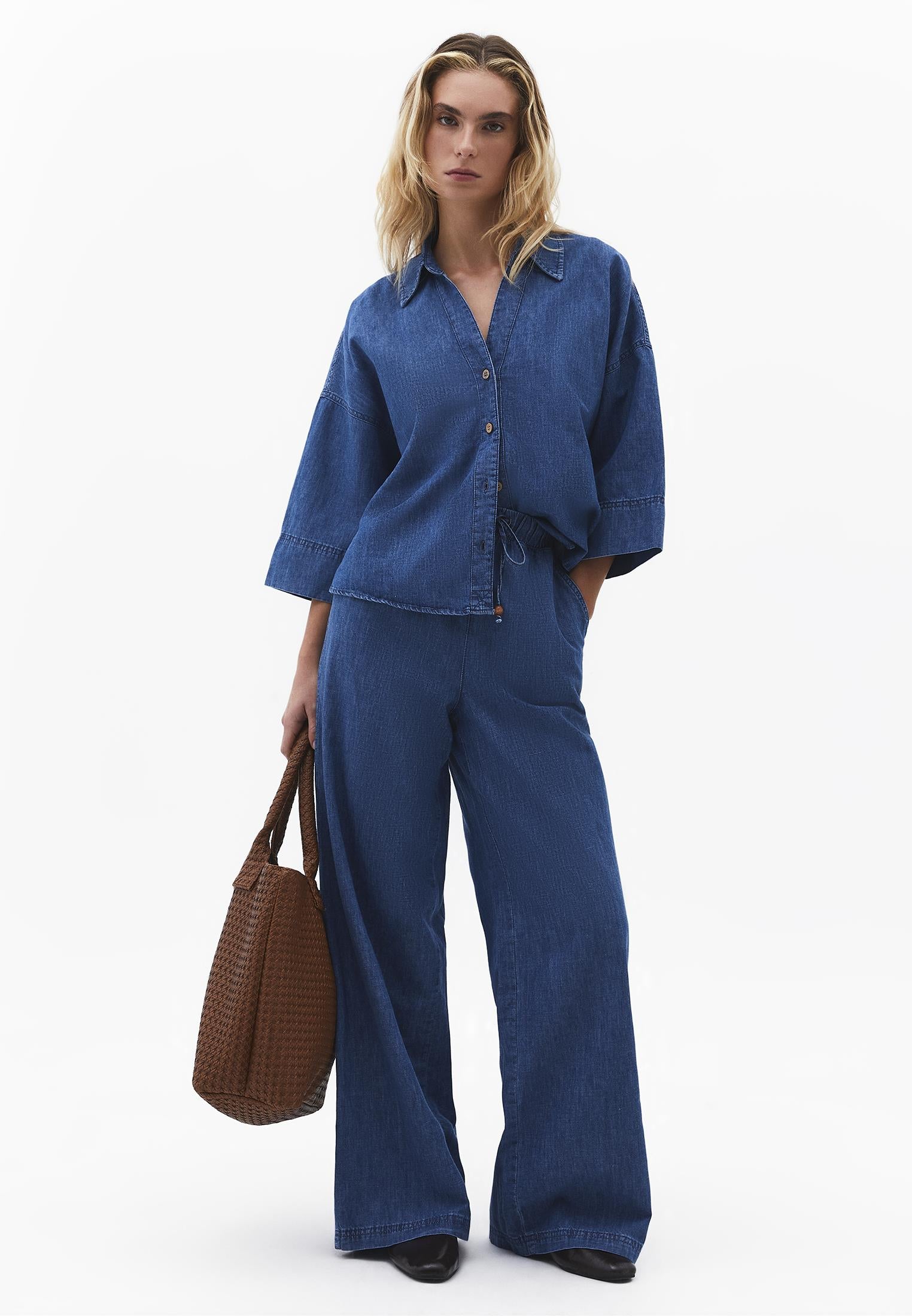 Oversize Shirt Collar Three Quarter Sleeve Denim Shirt - RODEO BLUE DENIM