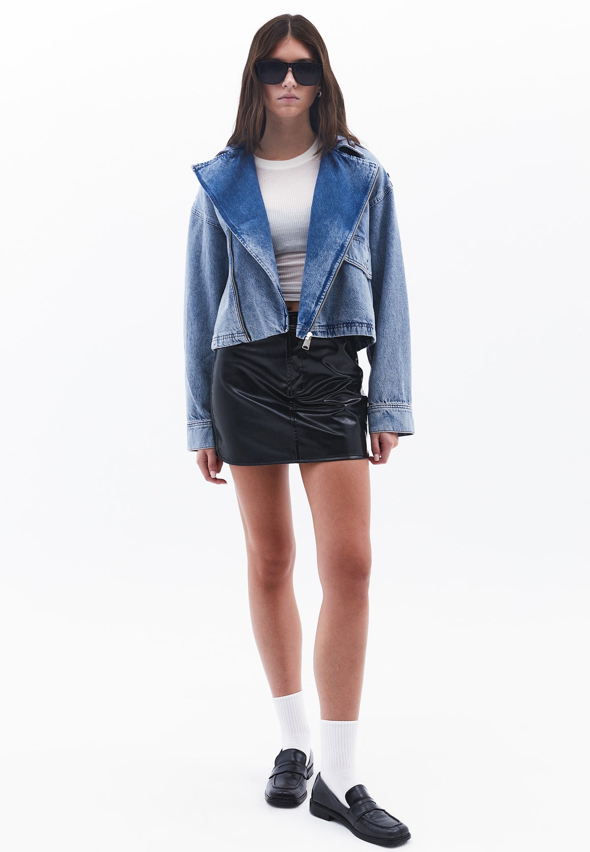 Zipper Detailed Cropped Loose Jacket - RODEO BLUE DENIM