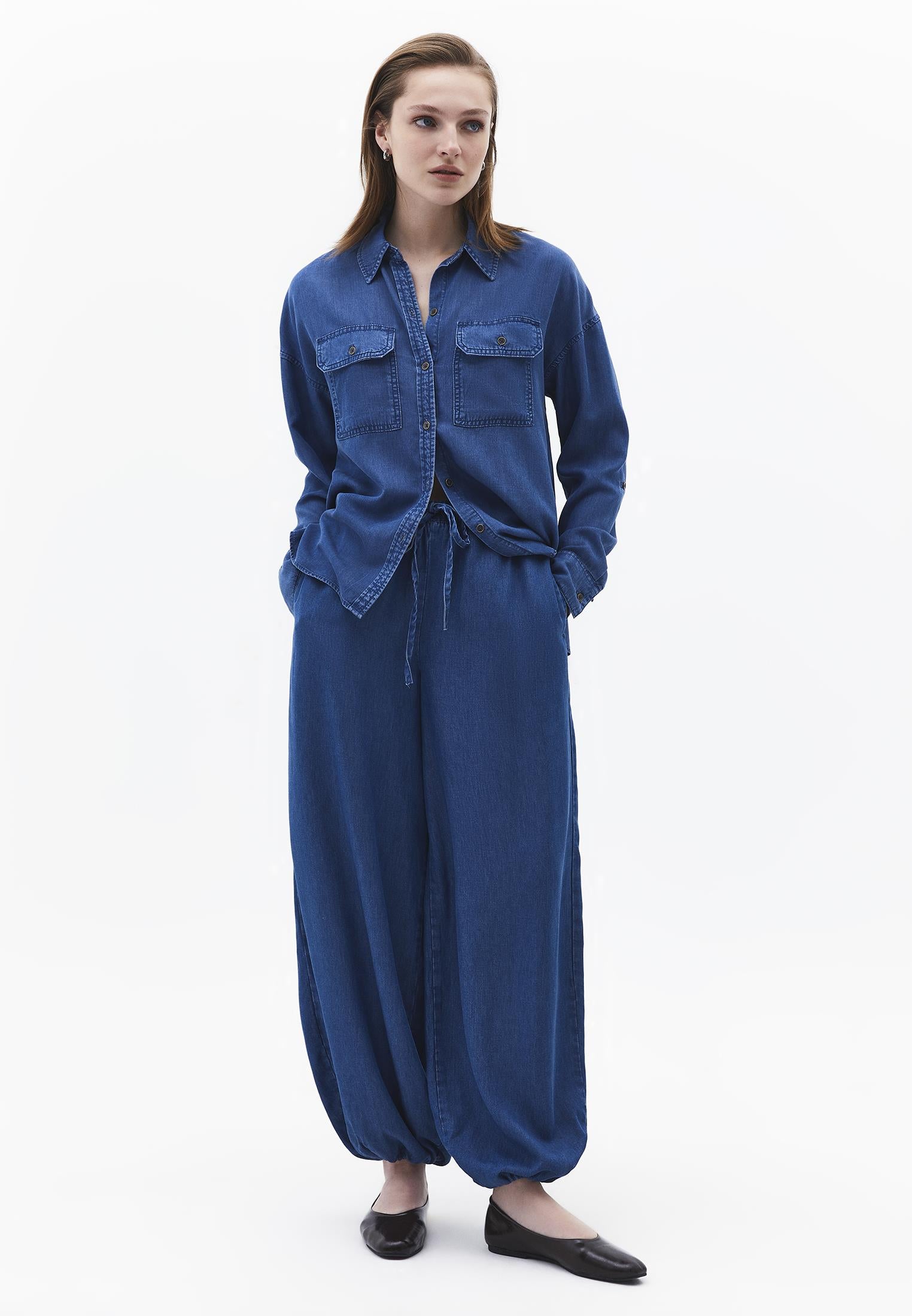 Shirt Collar Long Sleeve Shirt - RODEO BLUE DENIM
