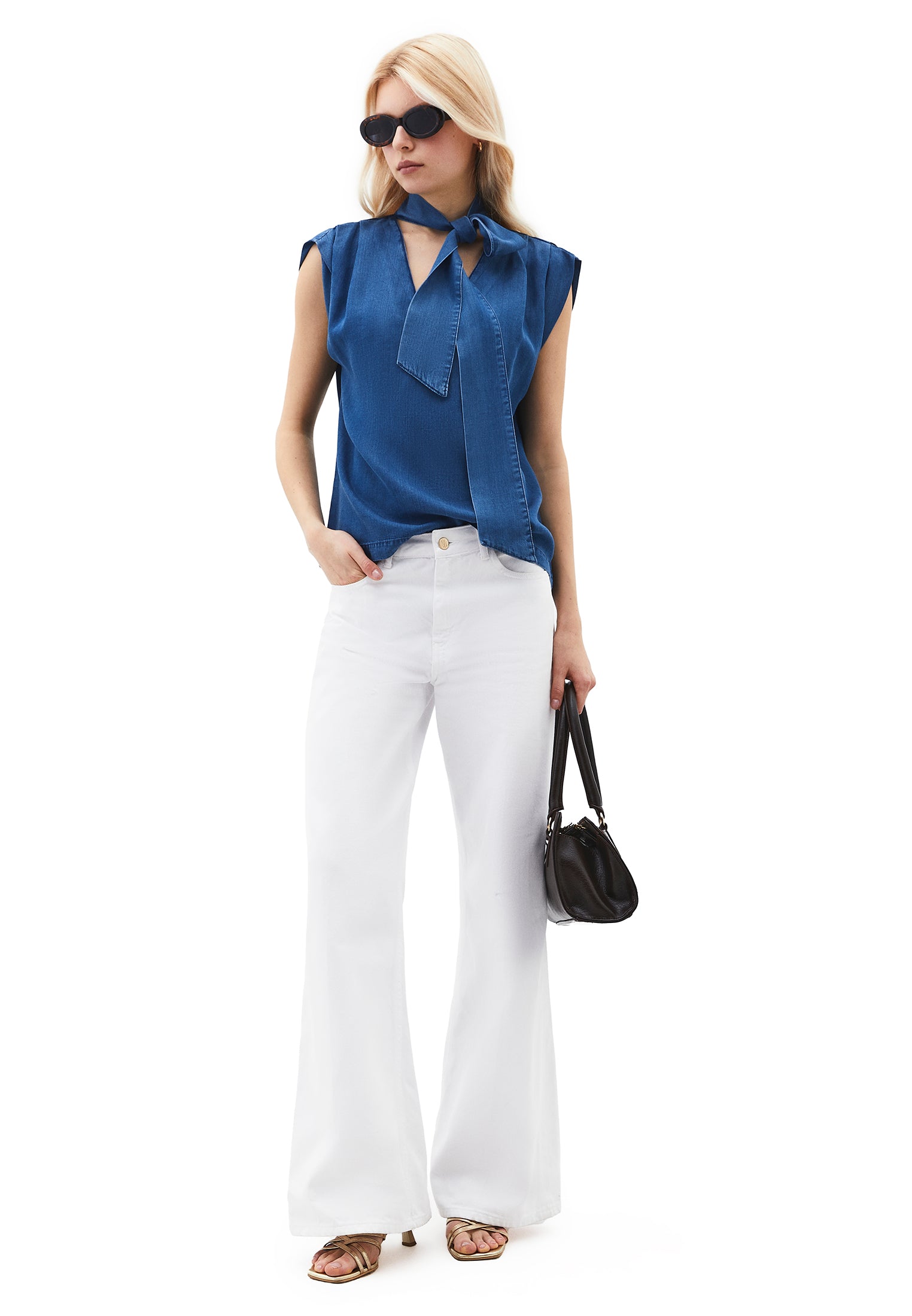 Sleeveless Blouse With Bow Detail - RODEO BLUE DENIM