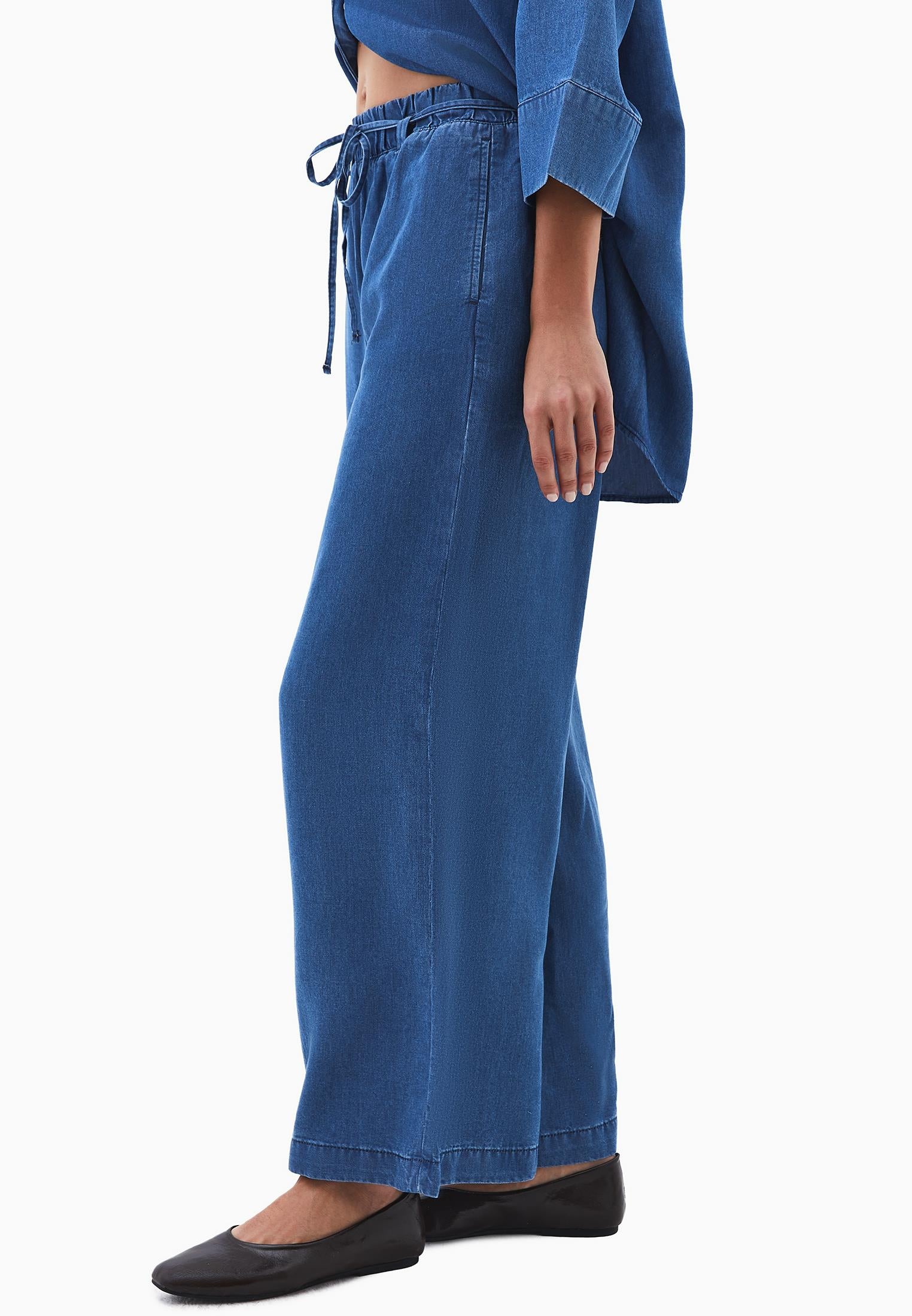 Elastic Waist Wide Leg Denim Pants - RODEO BLUE DENIM