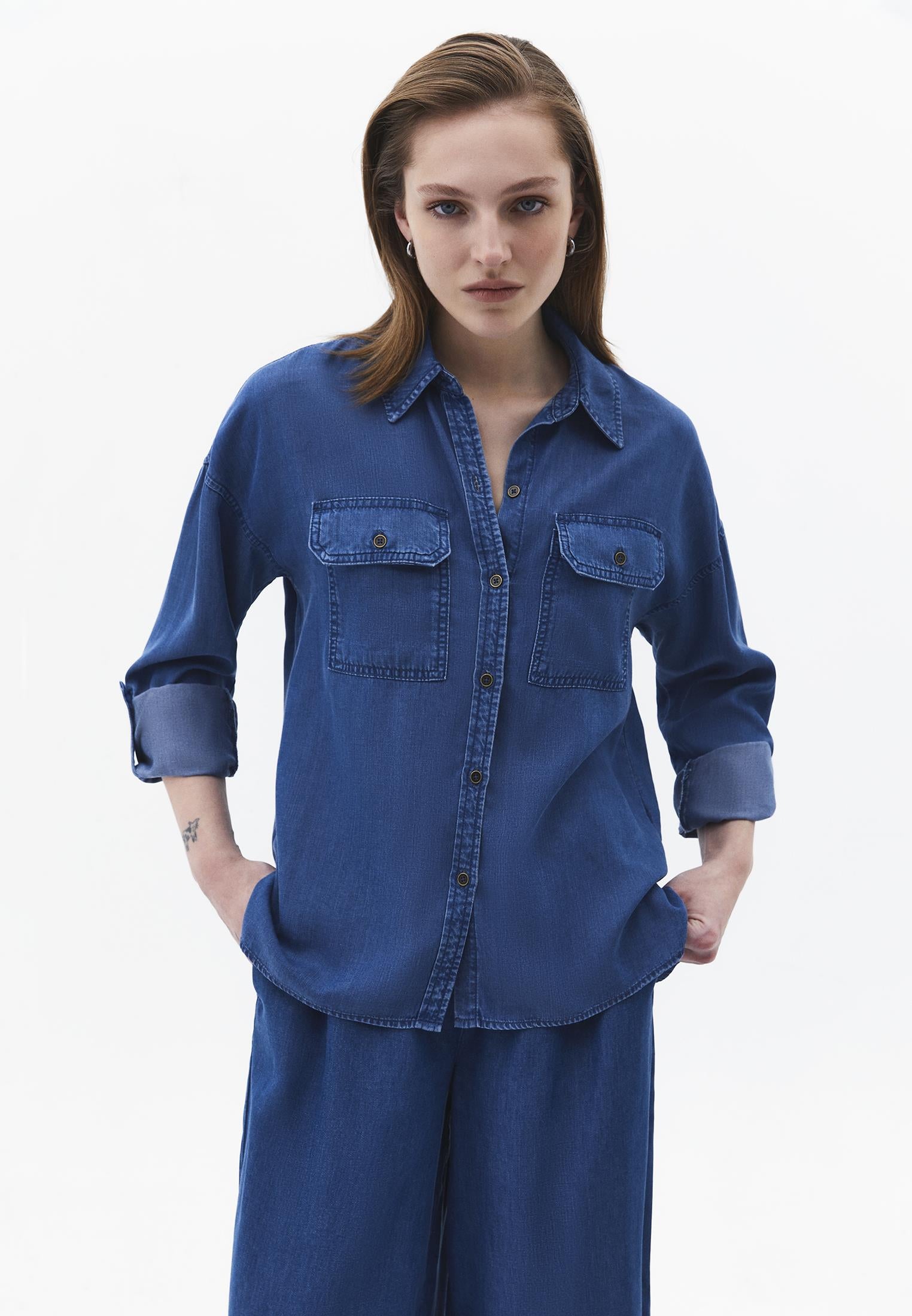 Shirt Collar Long Sleeve Shirt - RODEO BLUE DENIM