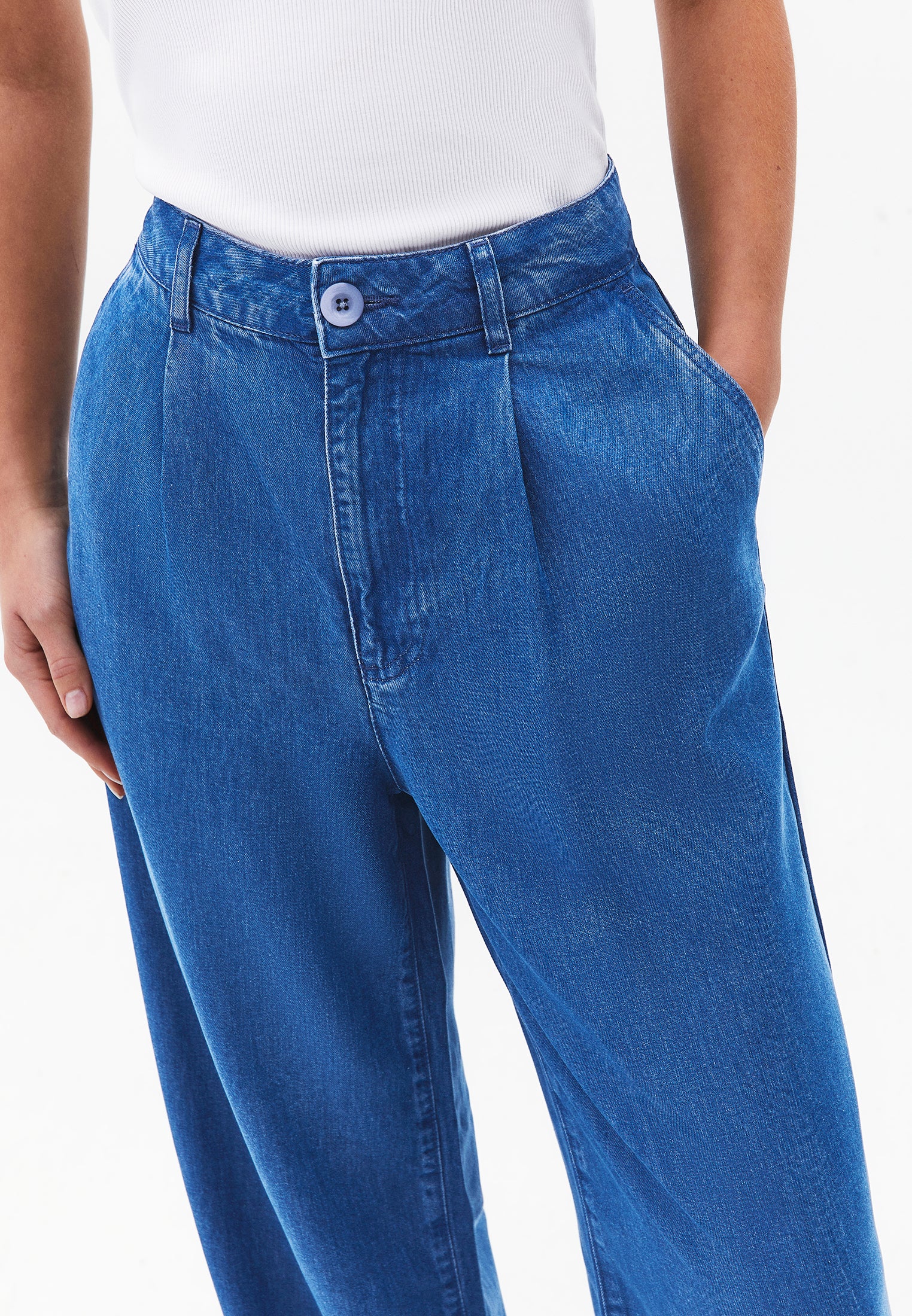 Wide Leg Regular Waist Pleated Trousers - RODEO BLUE DENIM