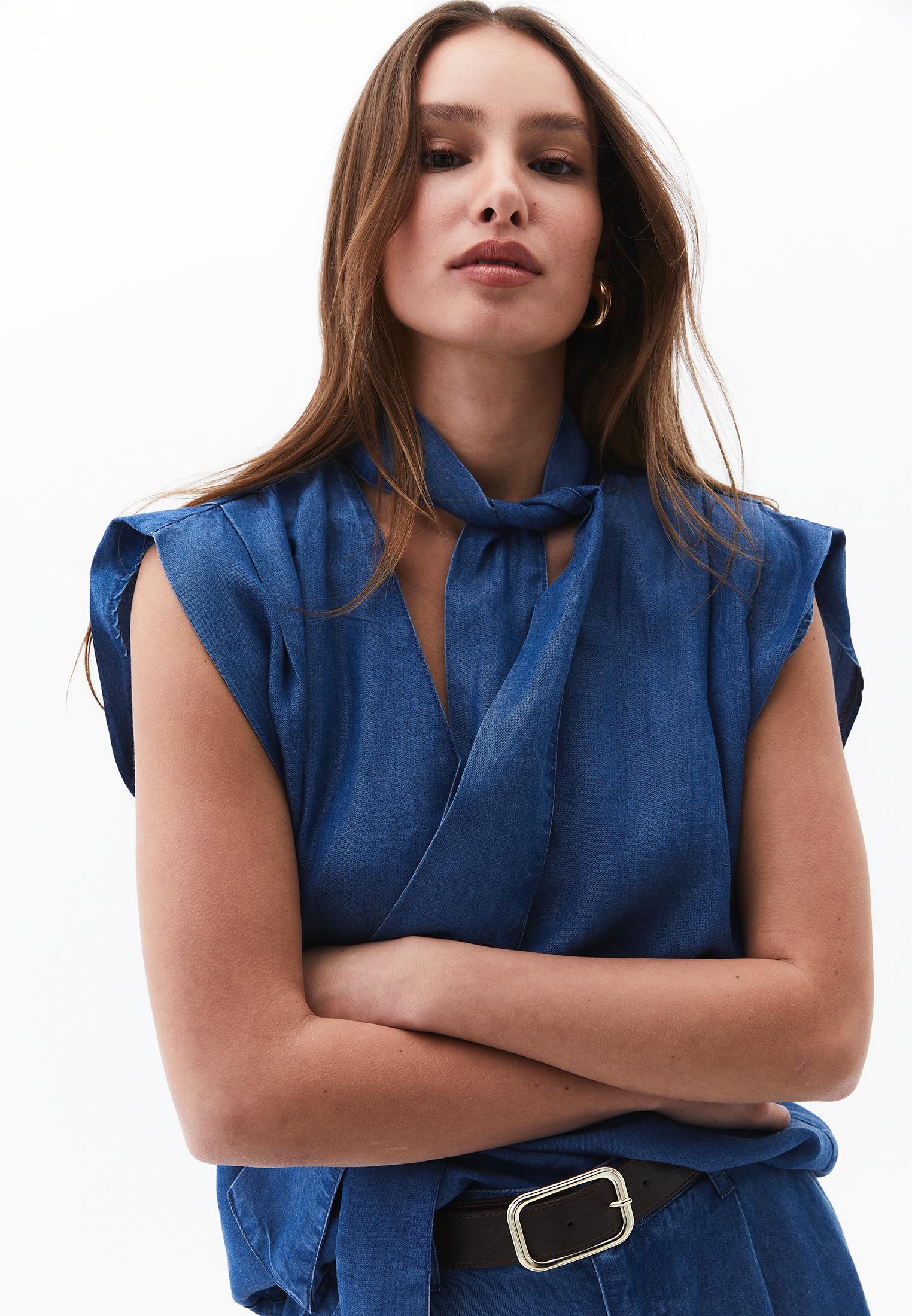 Tencel Blouse With Bow Detail - RODEO BLUE DENIM