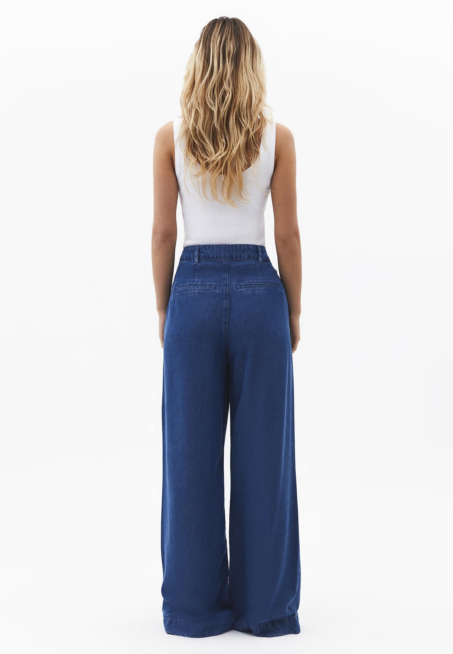 Pleated Wide Leg Pants - RODEO BLUE DENIM