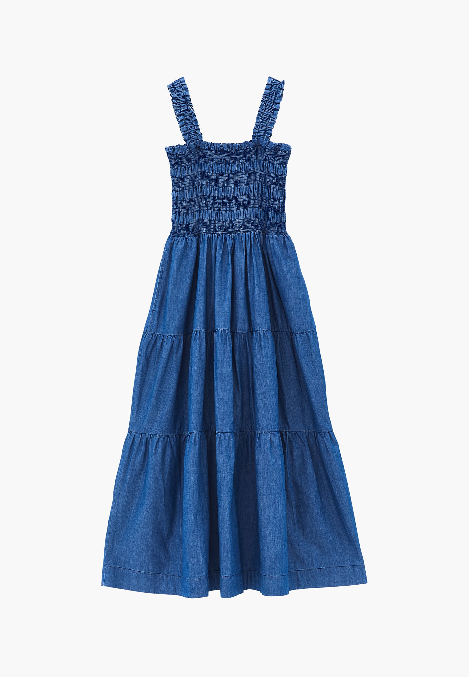 Square Neck Long Smocked Dress - RODEO BLUE DENIM