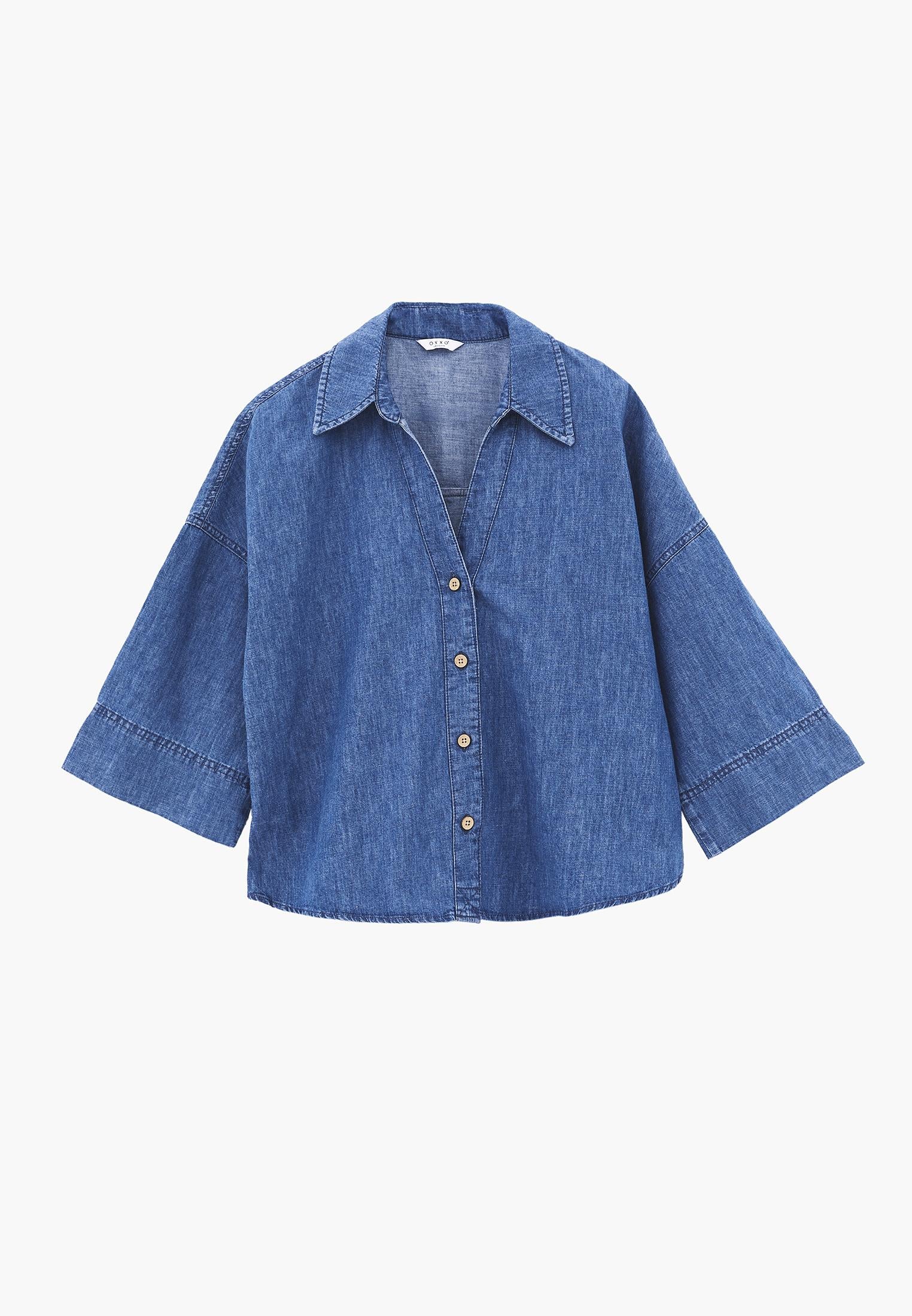 Oversize Shirt Collar Three Quarter Sleeve Denim Shirt - RODEO BLUE DENIM