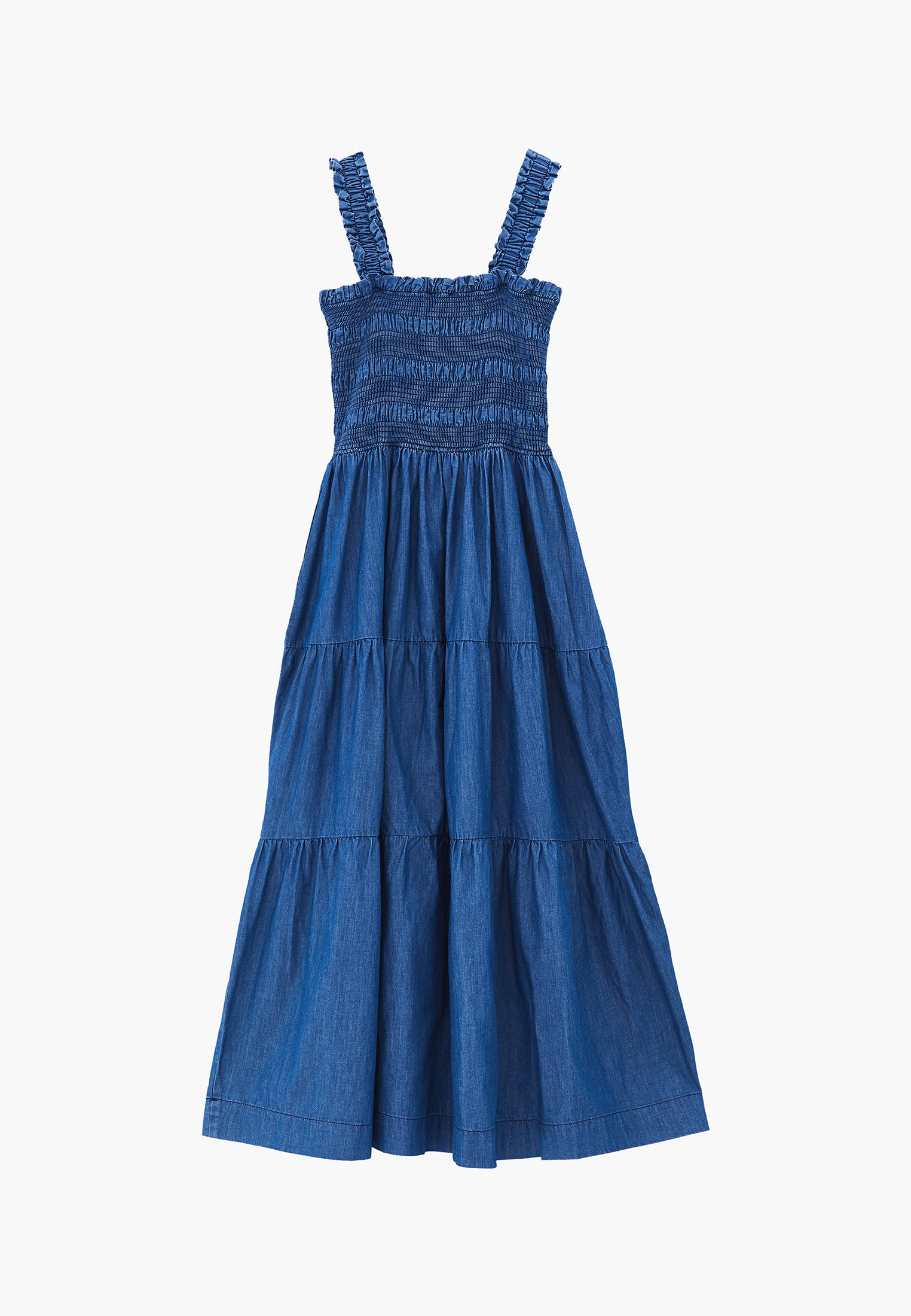 Square Neck Long Smocked Dress - RODEO BLUE DENIM