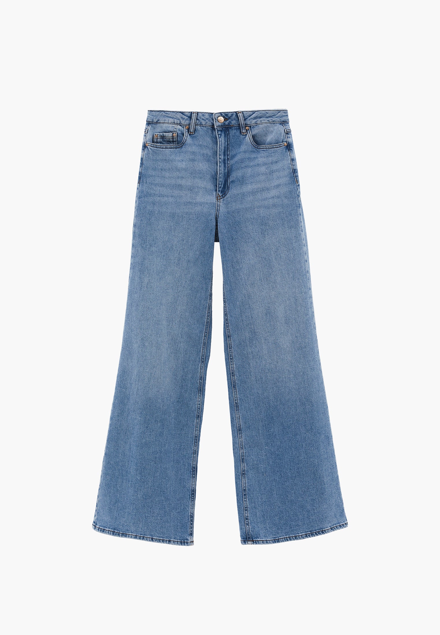 Wide Leg High Waist Five Pocket Denim Pants - RODEO BLUE DENIM