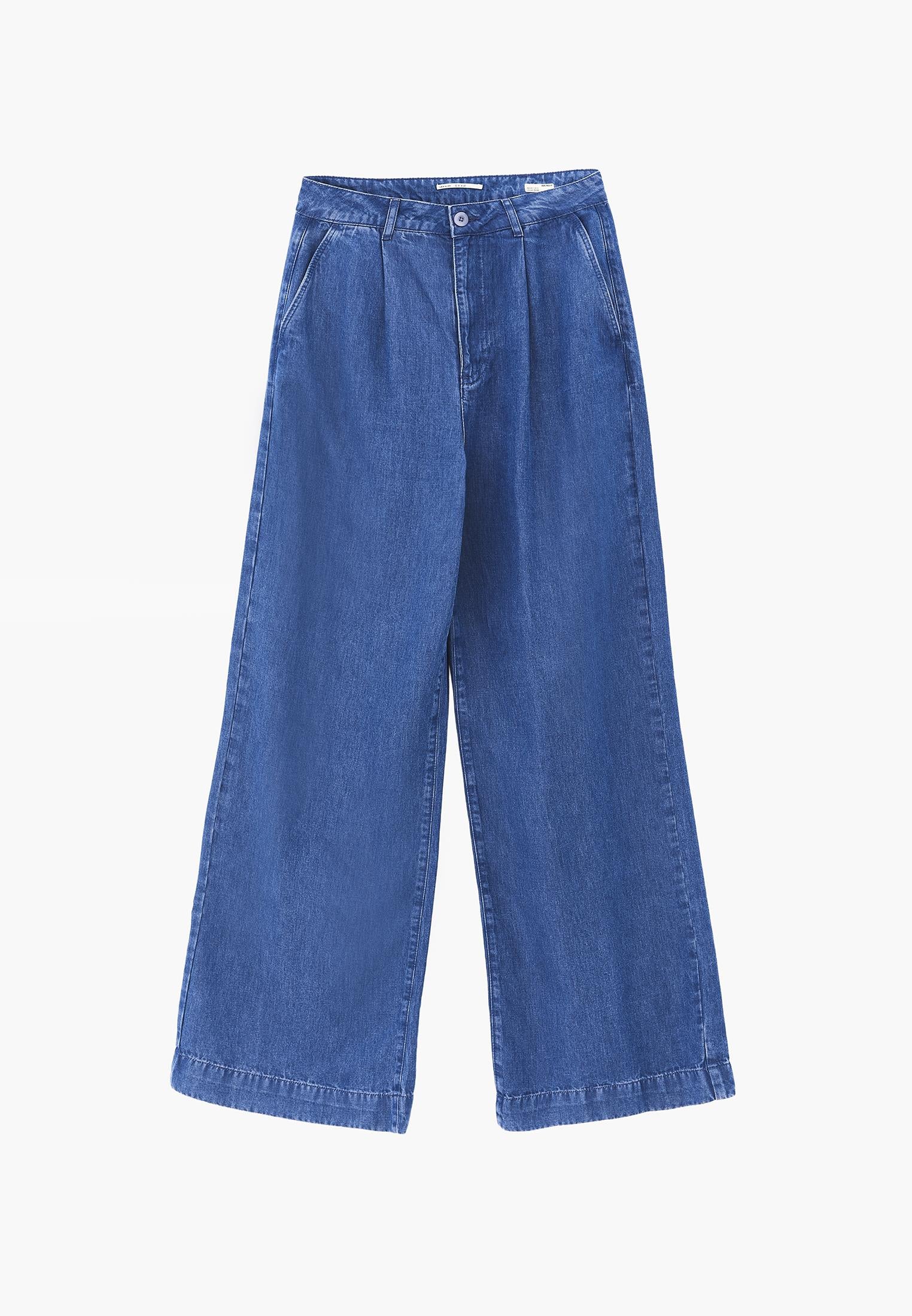 Pleated Wide Leg Pants - RODEO BLUE DENIM