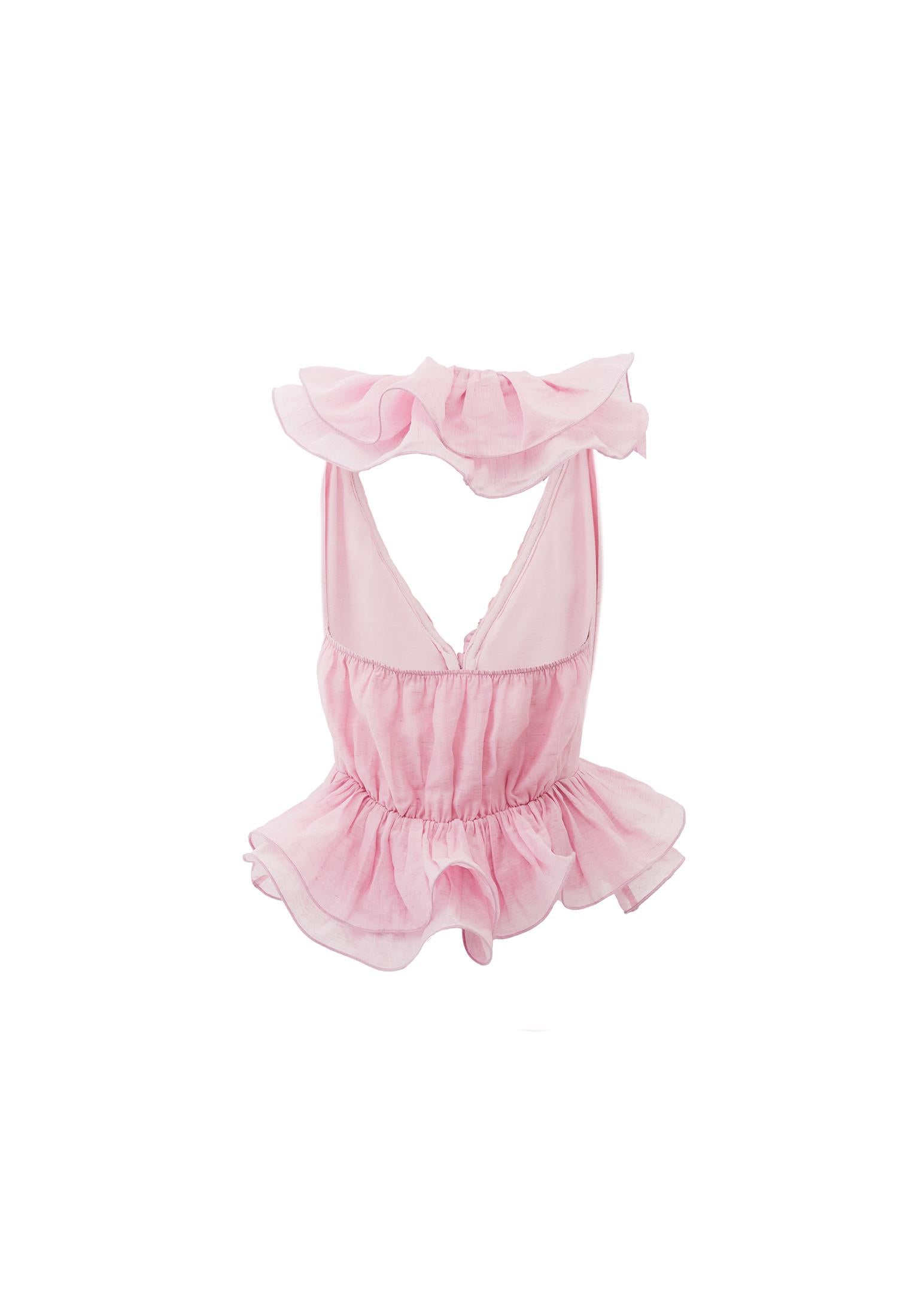 Sleeveless V-Neck Blouse With Ruffle Detail - ROSEATE SPOONBILL