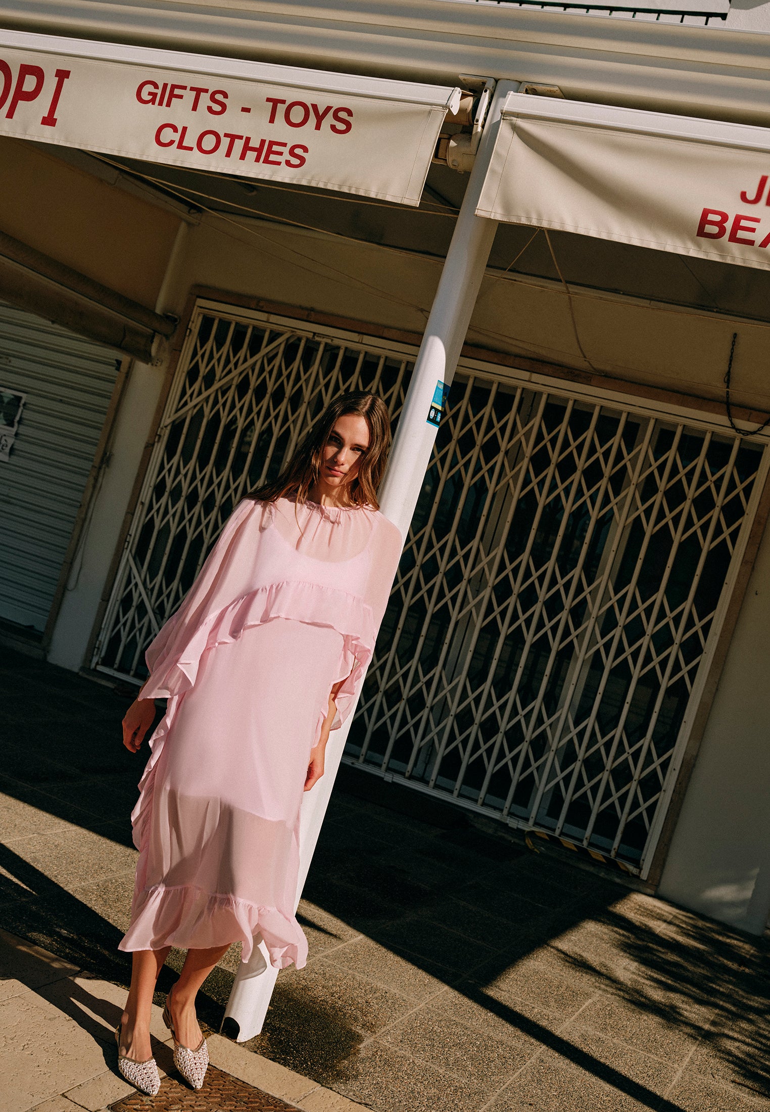 Long Sleeve Off Shoulder Dress With Ruffle Details - ROSEATE SPOONBILL
