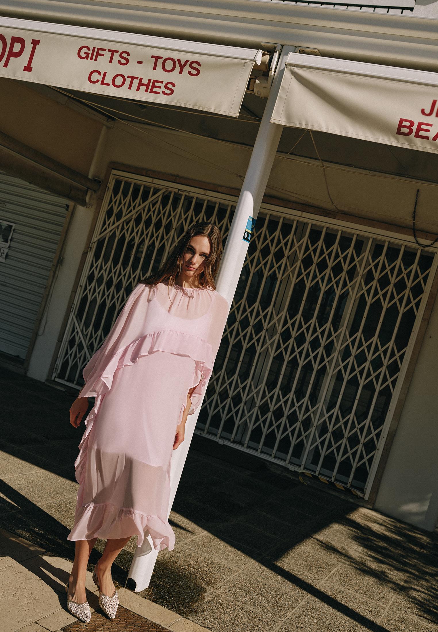 Long Sleeve Off Shoulder Dress With Ruffle Details - ROSEATE SPOONBILL