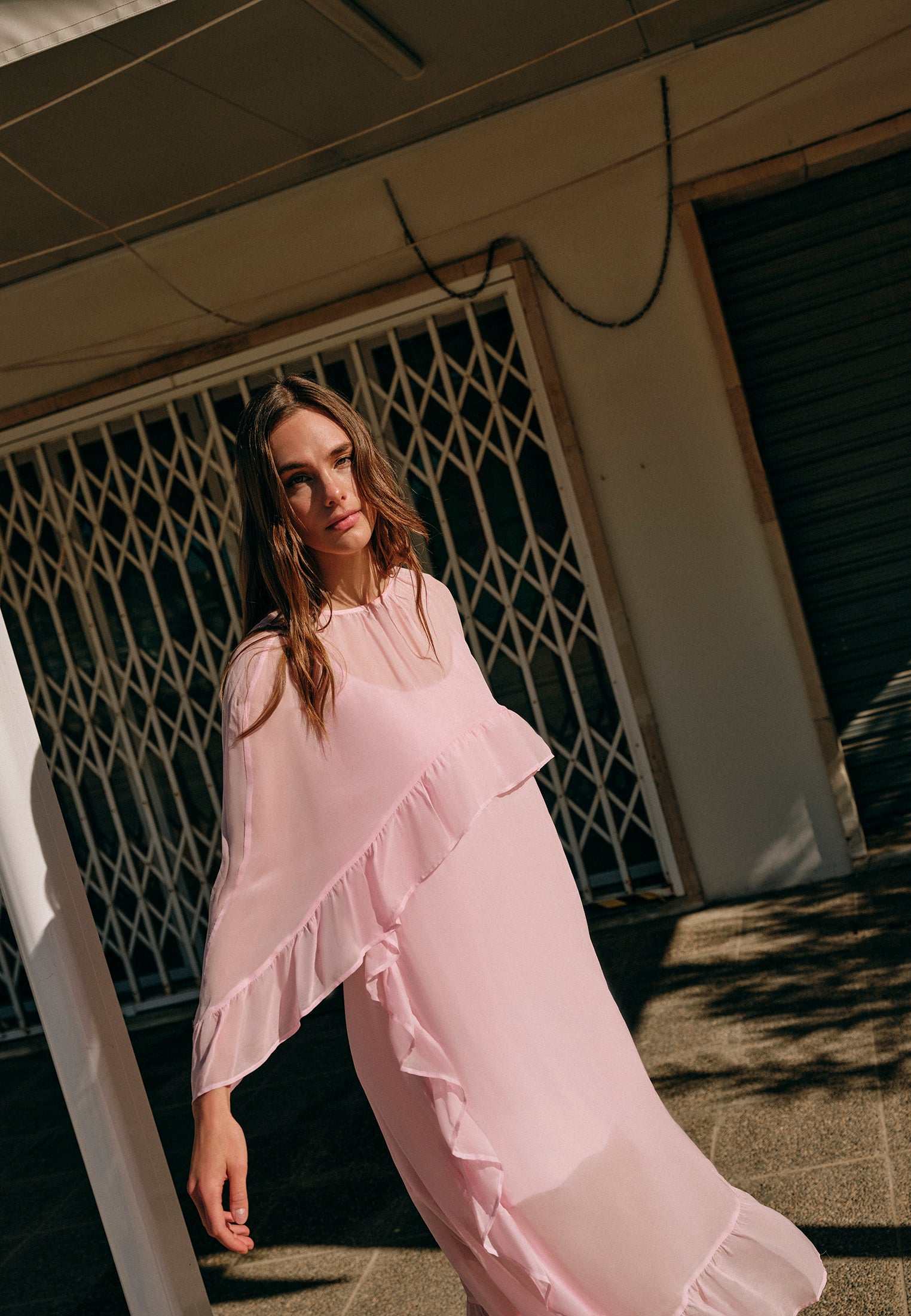 Long Sleeve Off Shoulder Dress With Ruffle Details - ROSEATE SPOONBILL