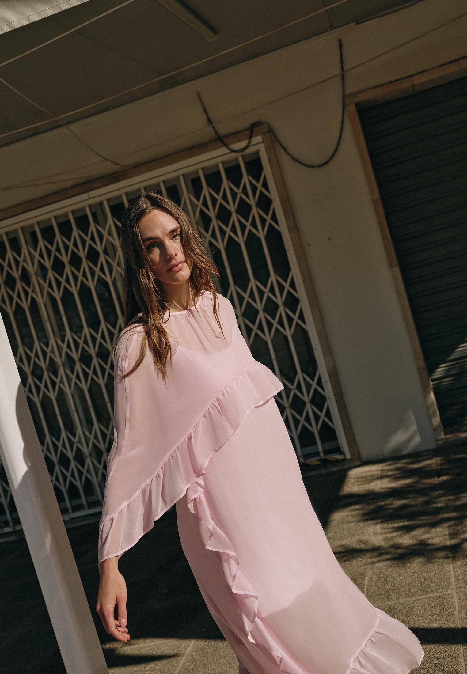Long Sleeve Off Shoulder Dress With Ruffle Details - ROSEATE SPOONBILL