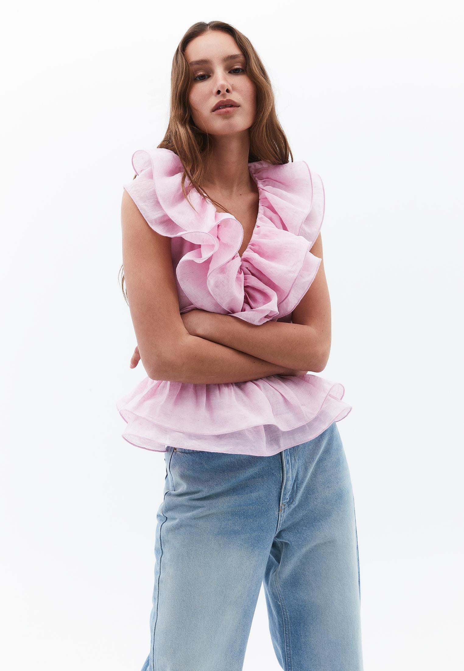Sleeveless V-Neck Blouse With Ruffle Detail - ROSEATE SPOONBILL