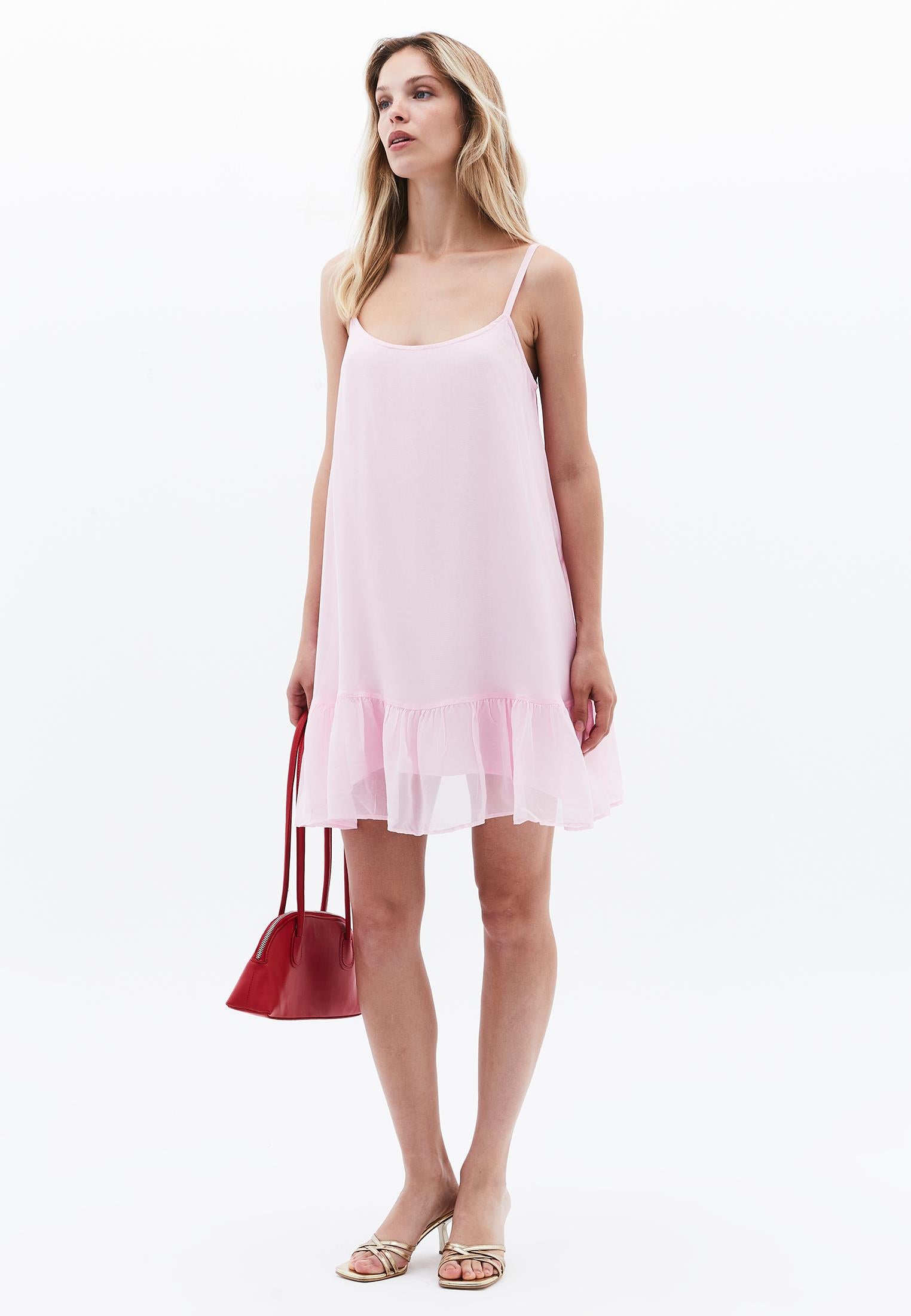 Boat Neck Ruffle Detailed Short Dress - ROSEATE SPOONBILL