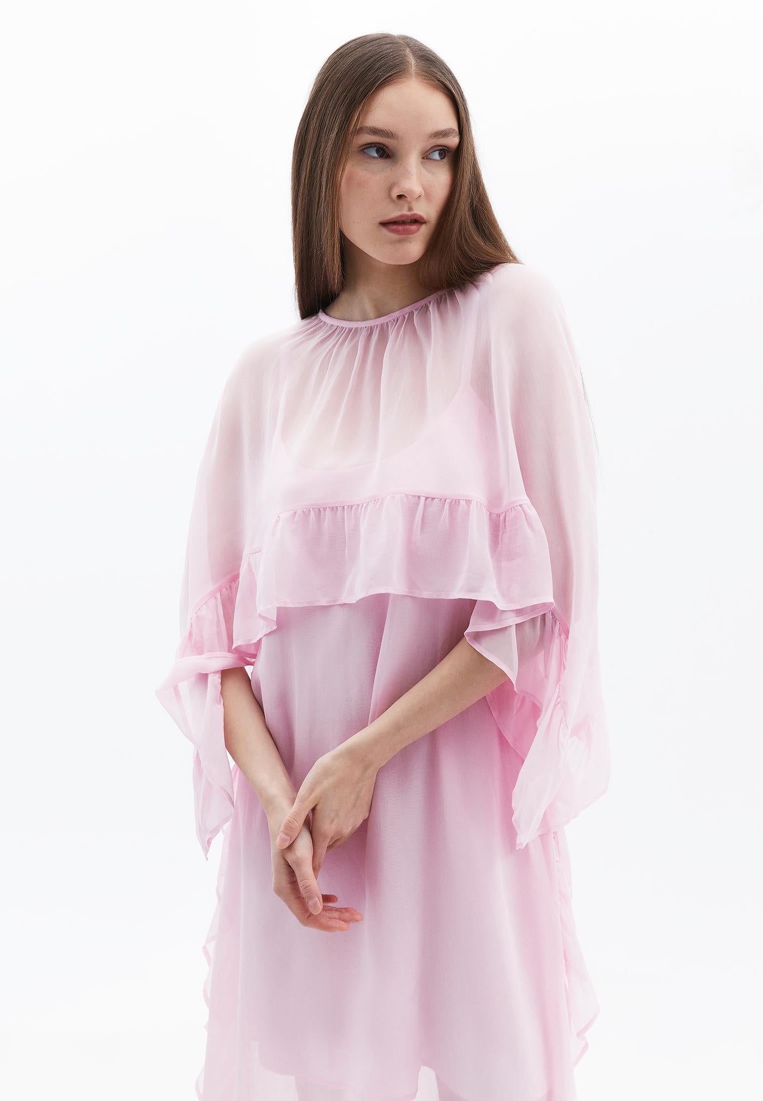Long Sleeve Off Shoulder Dress With Ruffle Details - ROSEATE SPOONBILL