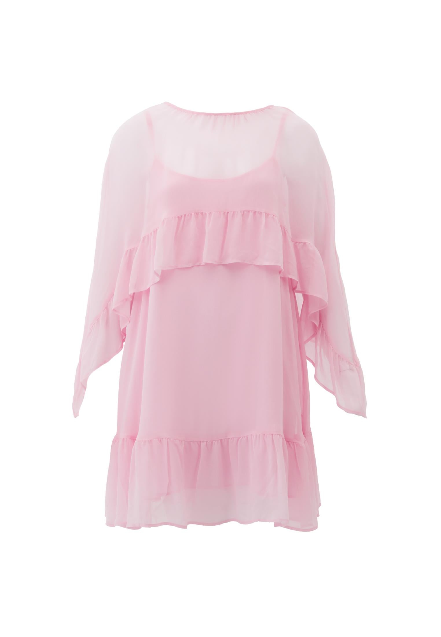 Boat Neck Ruffle Detailed Short Dress - ROSEATE SPOONBILL