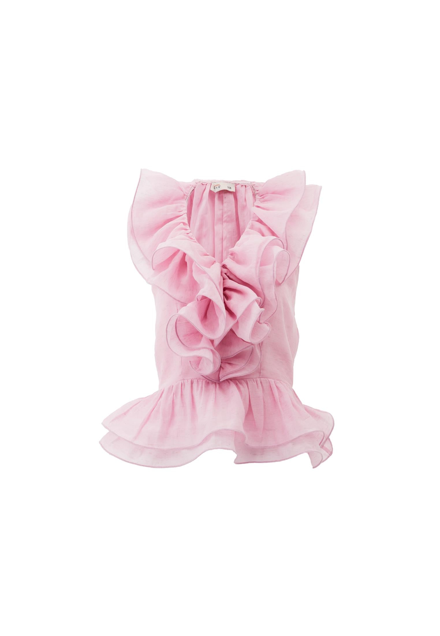 Sleeveless V-Neck Blouse With Ruffle Detail - ROSEATE SPOONBILL