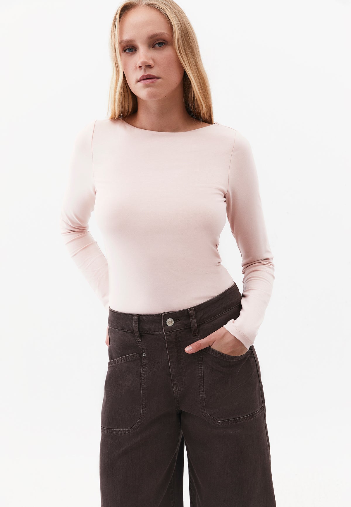 Long Sleeve T-Shirt with Collar Detail - ROSE SMOKE