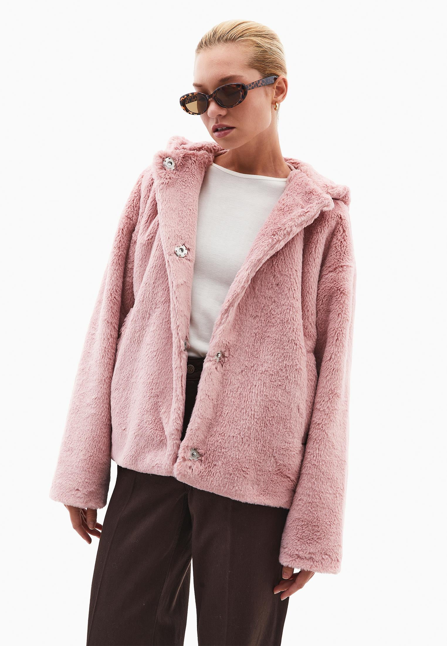Hooded Fur Jacket - ROSE SMOKE