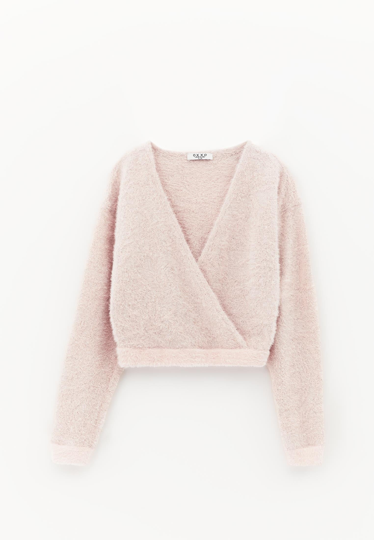 Wrap Neck Long Sleeve Knit Looking Sweater - ROSE SMOKE