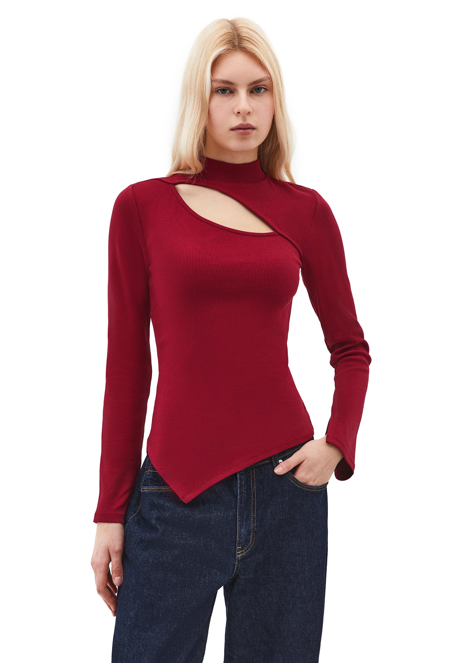 High Neck Cut Out Detail Bodycon T-Shirt - RUMBA RED
