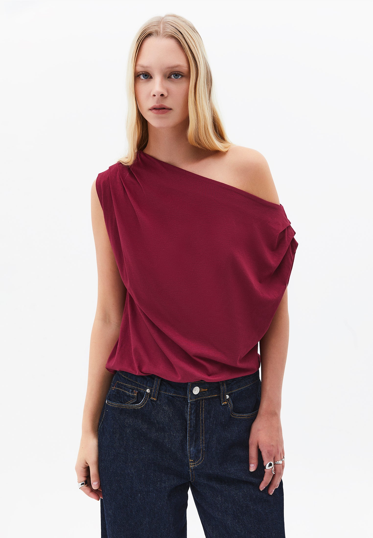 Pleated Asymmetric T-Shirt - RUMBA RED