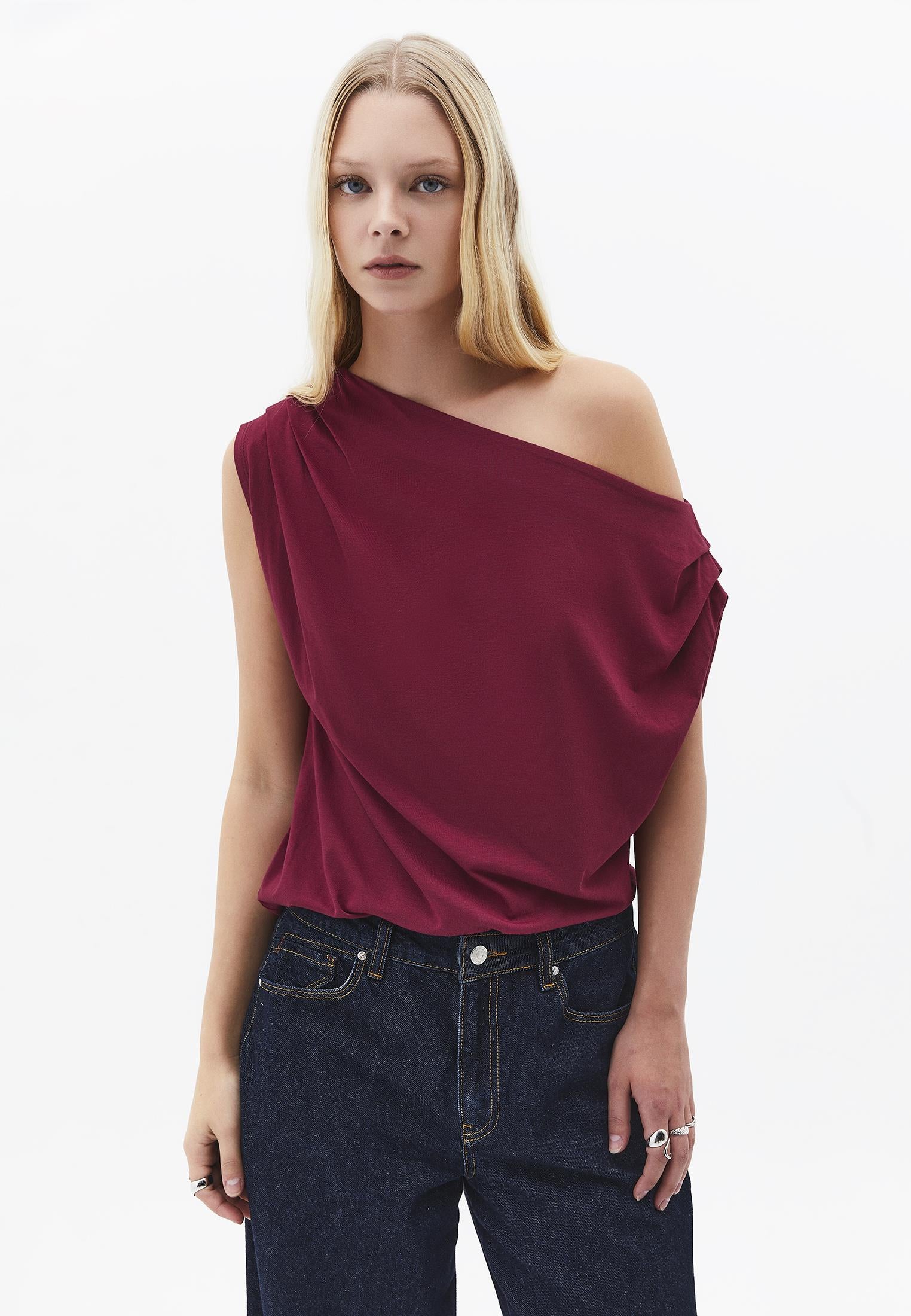 Pleated Asymmetric T-Shirt - RUMBA RED