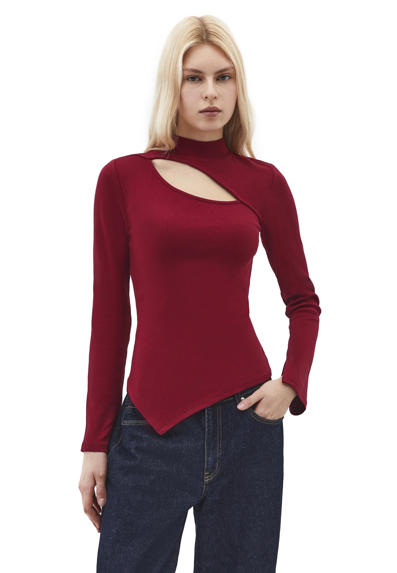 High Neck Cut Out Detail Bodycon T-Shirt - RUMBA RED