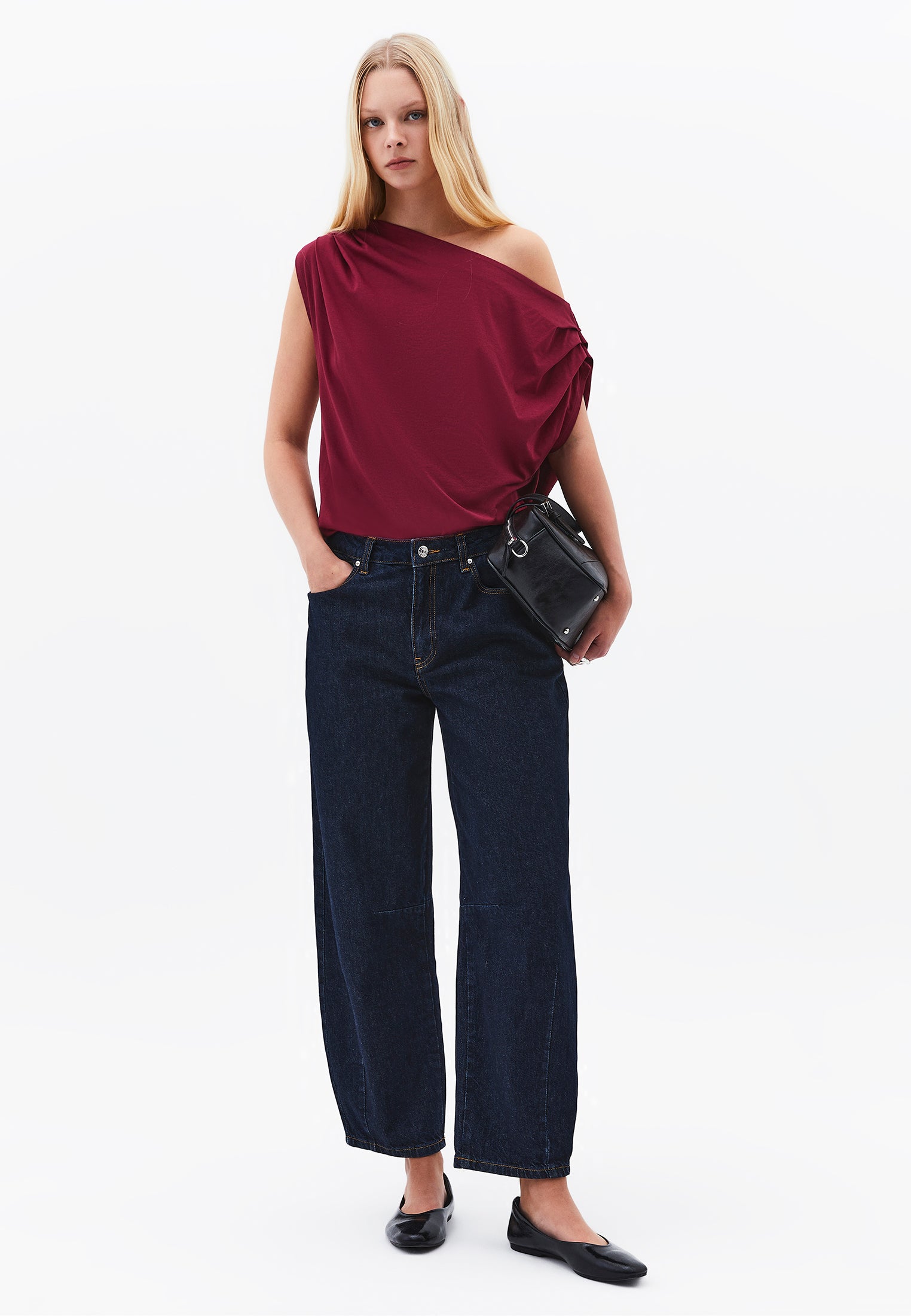 Pleated Asymmetric T-Shirt - RUMBA RED