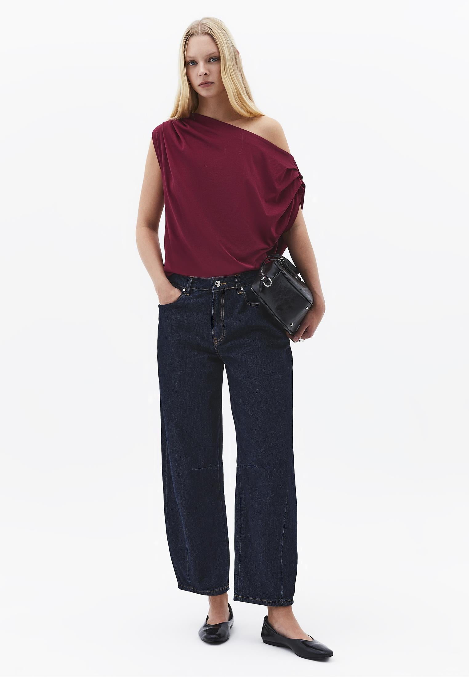 Pleated Asymmetric T-Shirt - RUMBA RED