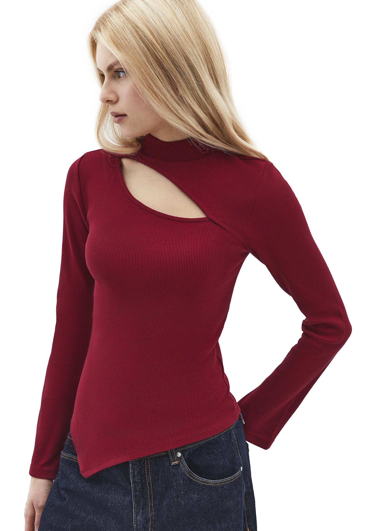 High Neck Cut Out Detail Bodycon T-Shirt - RUMBA RED